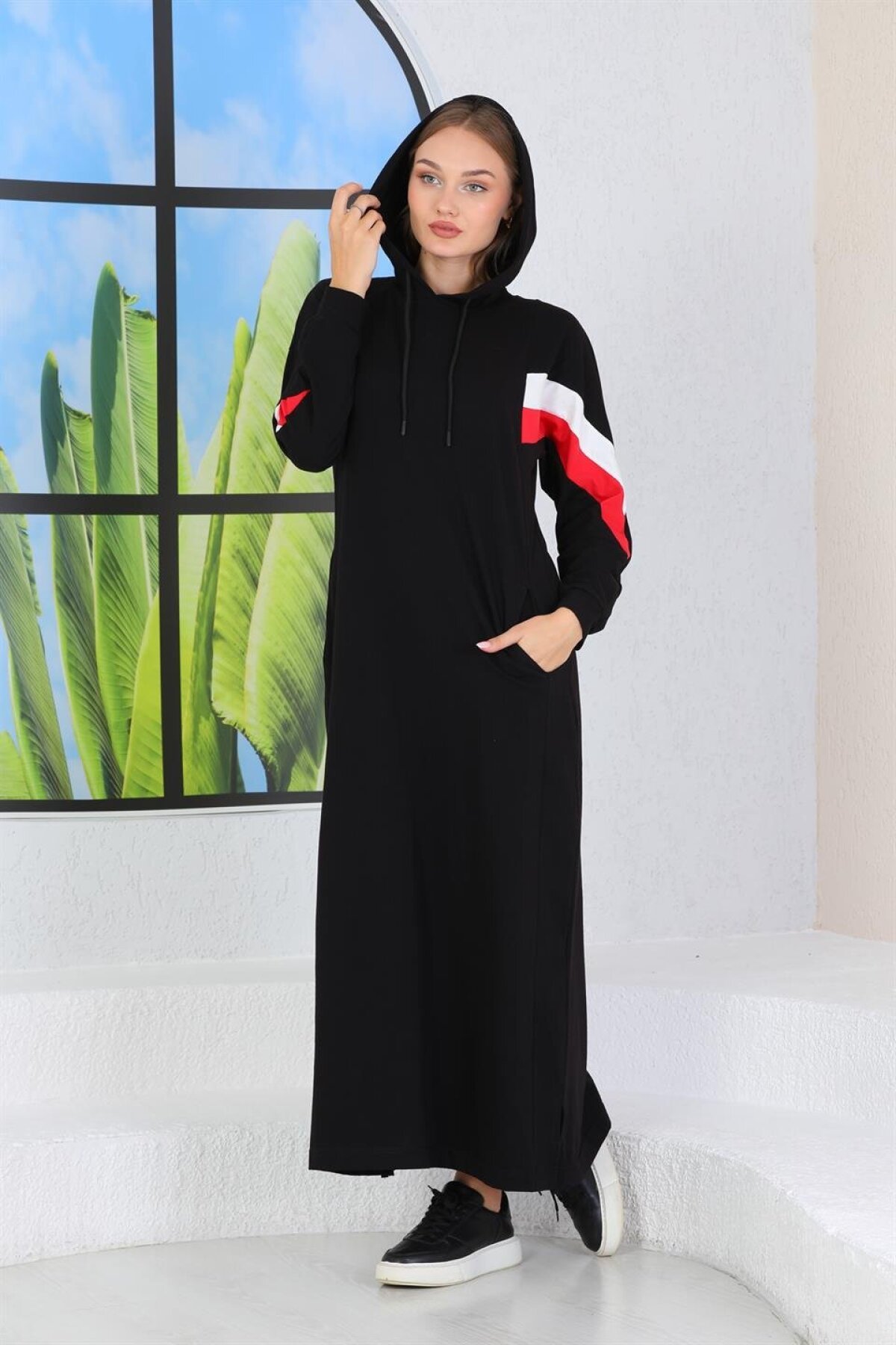 فستان محتشم طويل أسود بغطاء رأس - Westbound