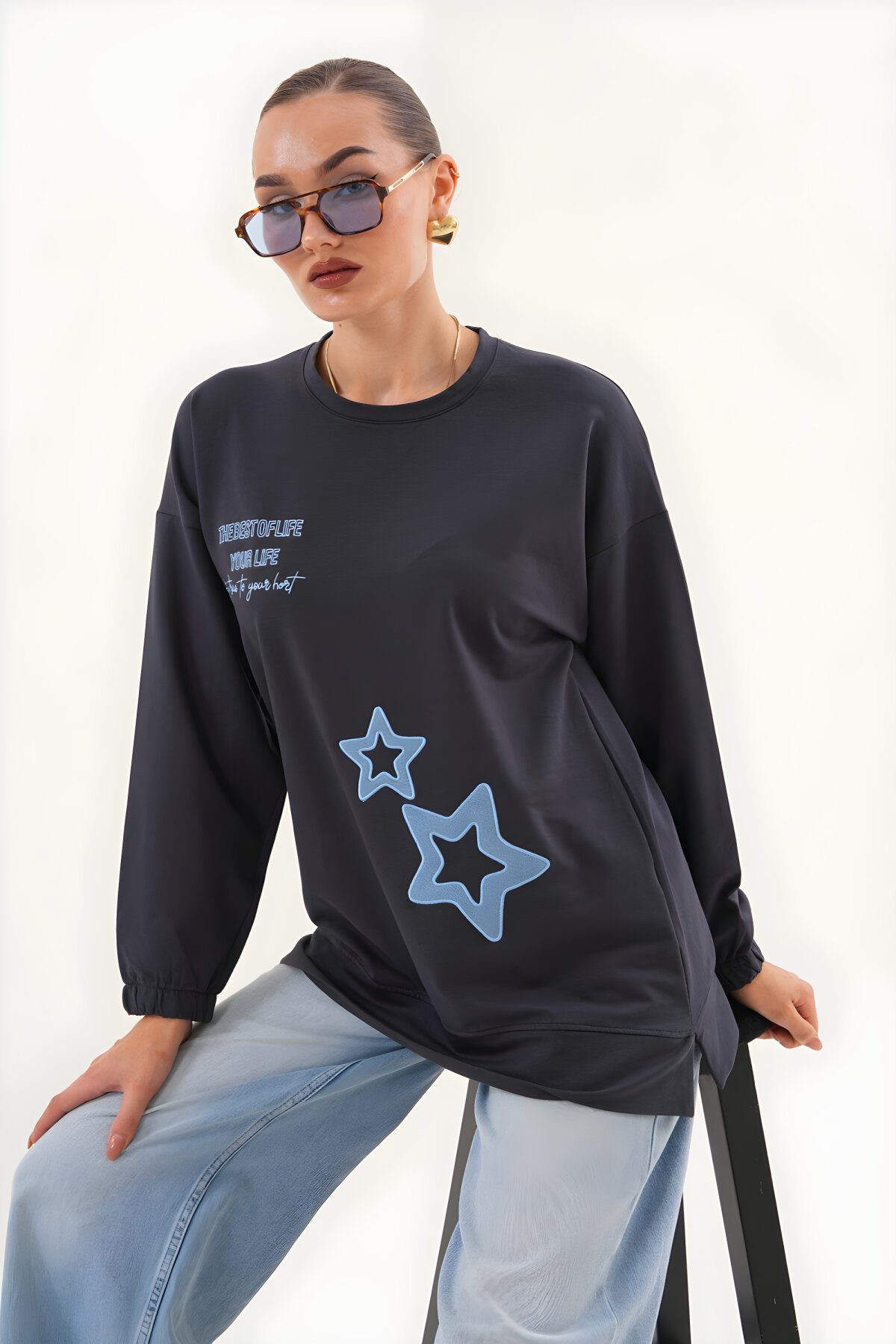 Siyah Yıldız Desenli Bisiklet Yaka Sweatshirt Tesettür Tunik - Westbound