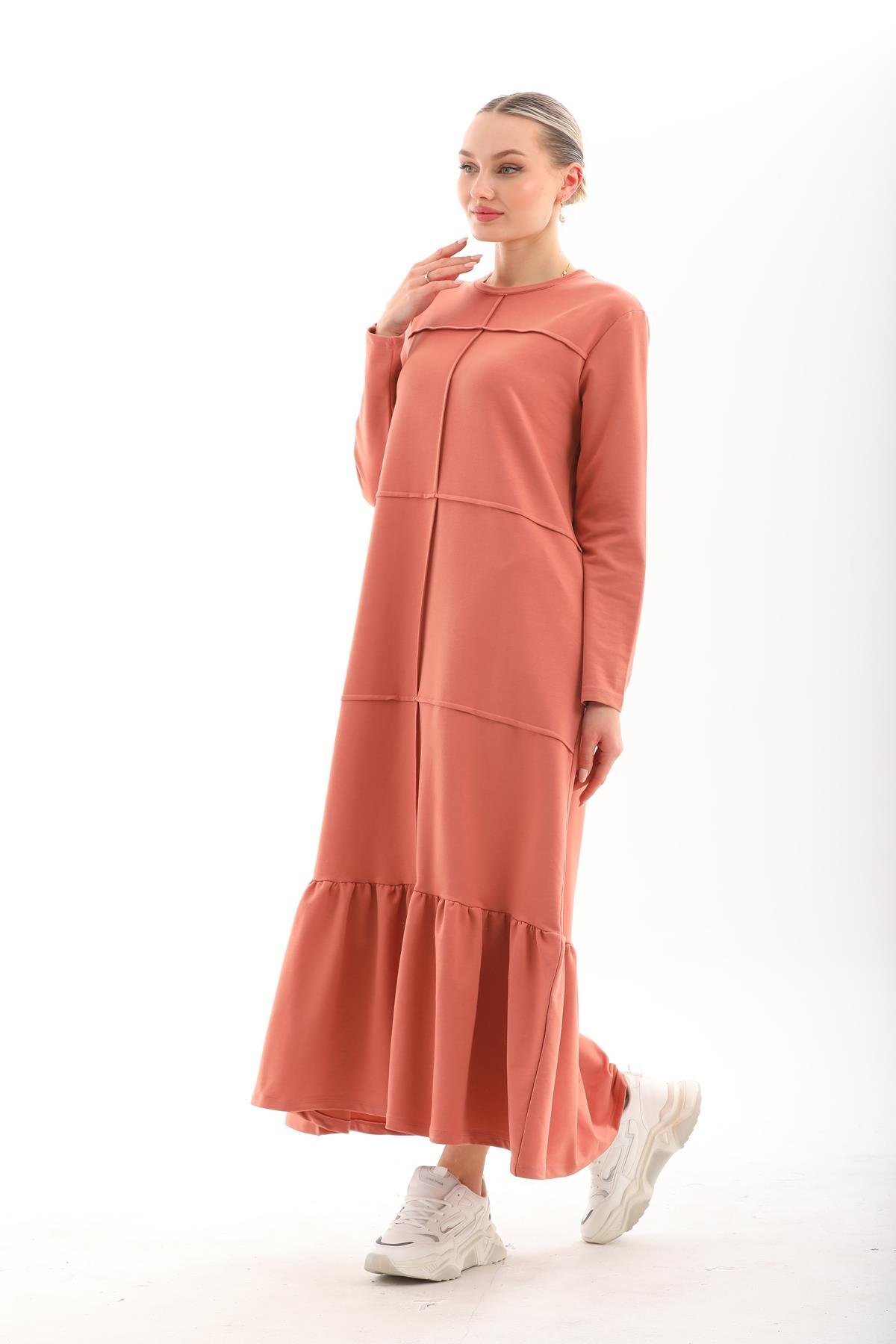 Long Loose Casual Color-Blocked Modest Dress with Ruffle Skirt - Salmon - Westbound