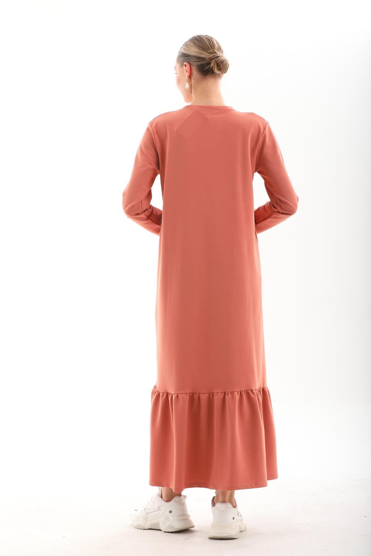 Long Loose Casual Color-Blocked Modest Dress with Ruffle Skirt - Salmon - Westbound