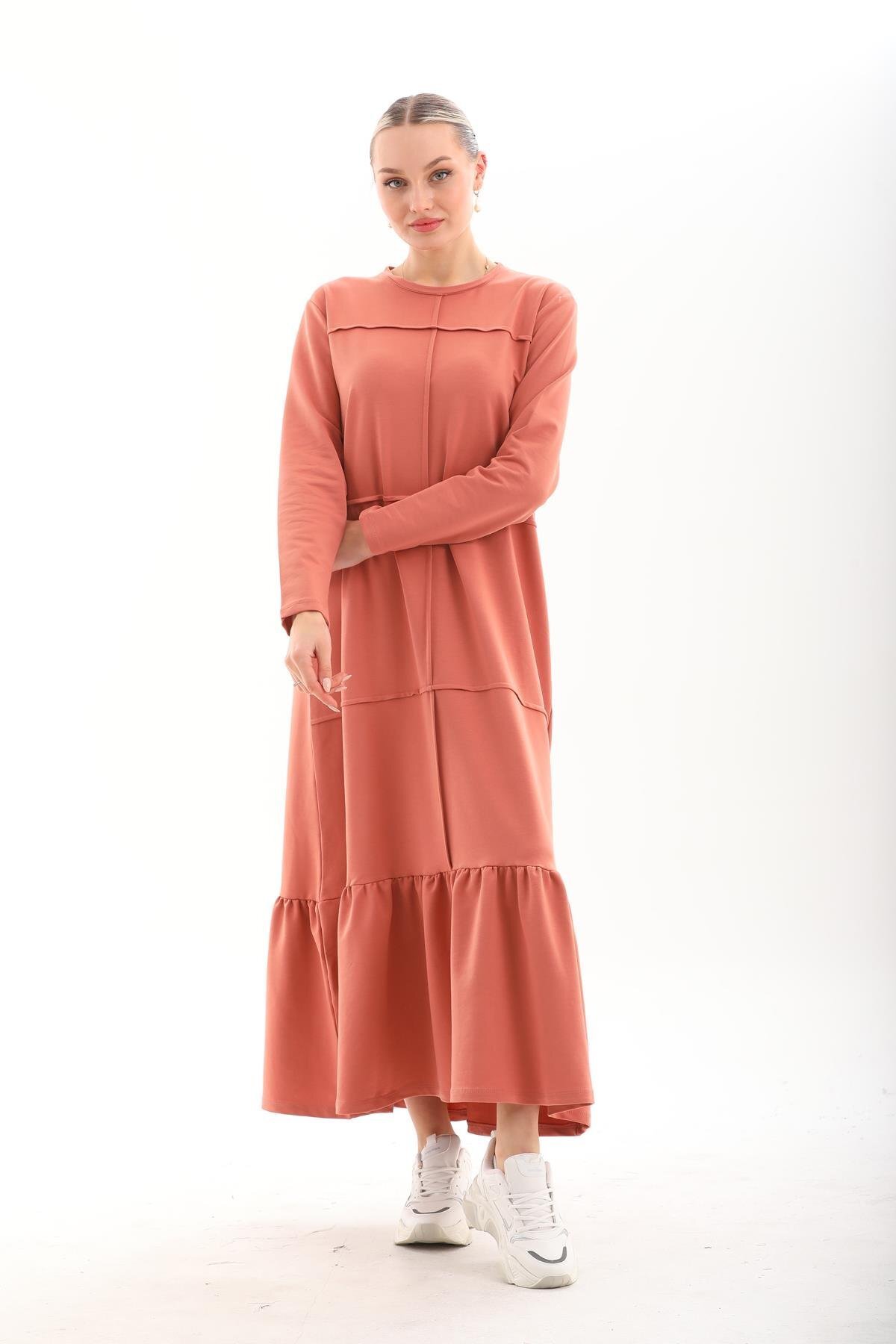 Long Loose Casual Color-Blocked Modest Dress with Ruffle Skirt - Salmon - Westbound