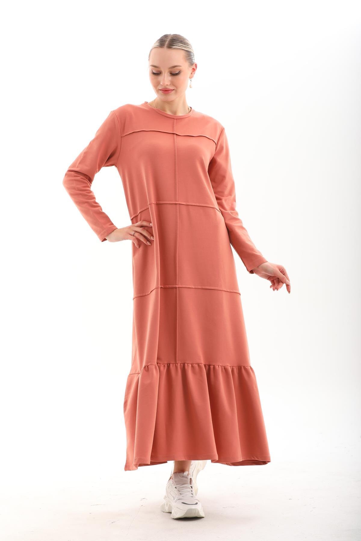 Long Loose Casual Color-Blocked Modest Dress with Ruffle Skirt - Salmon - Westbound