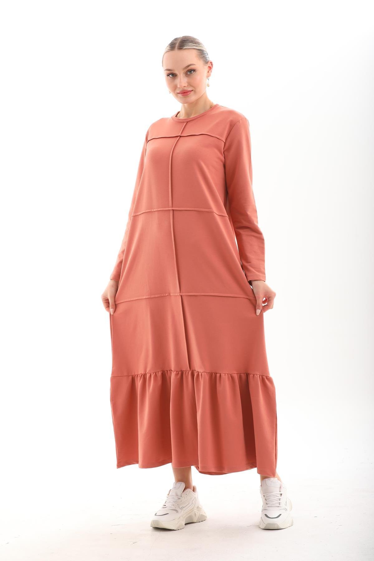 Long Loose Casual Color-Blocked Modest Dress with Ruffle Skirt - Salmon - Westbound