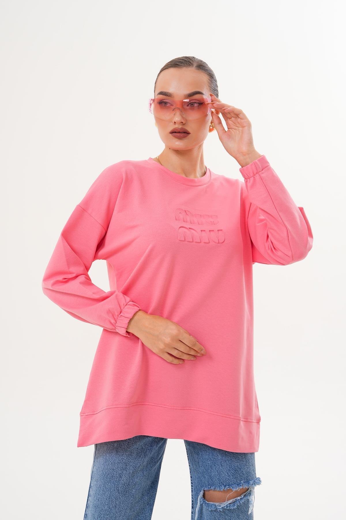 Somon Miu Kabartma Baskı Bisiklet Yaka Sweatshirt Tesettür Tunik - Westbound