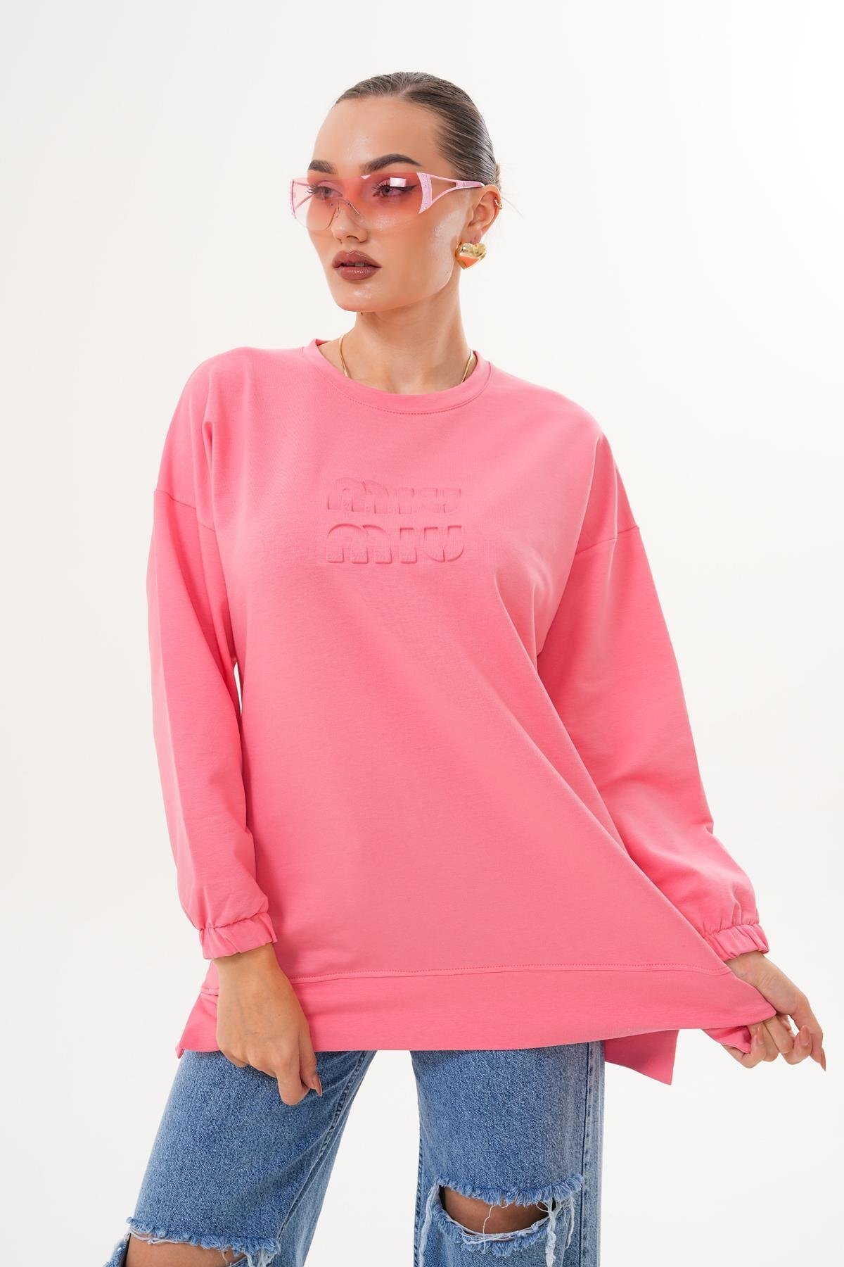 Somon Miu Kabartma Baskı Bisiklet Yaka Sweatshirt Tesettür Tunik - Westbound