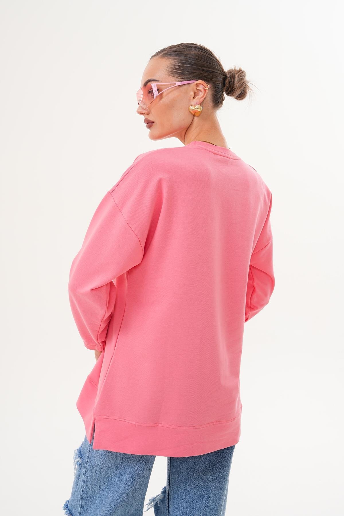 Somon Miu Kabartma Baskı Bisiklet Yaka Sweatshirt Tesettür Tunik - Westbound