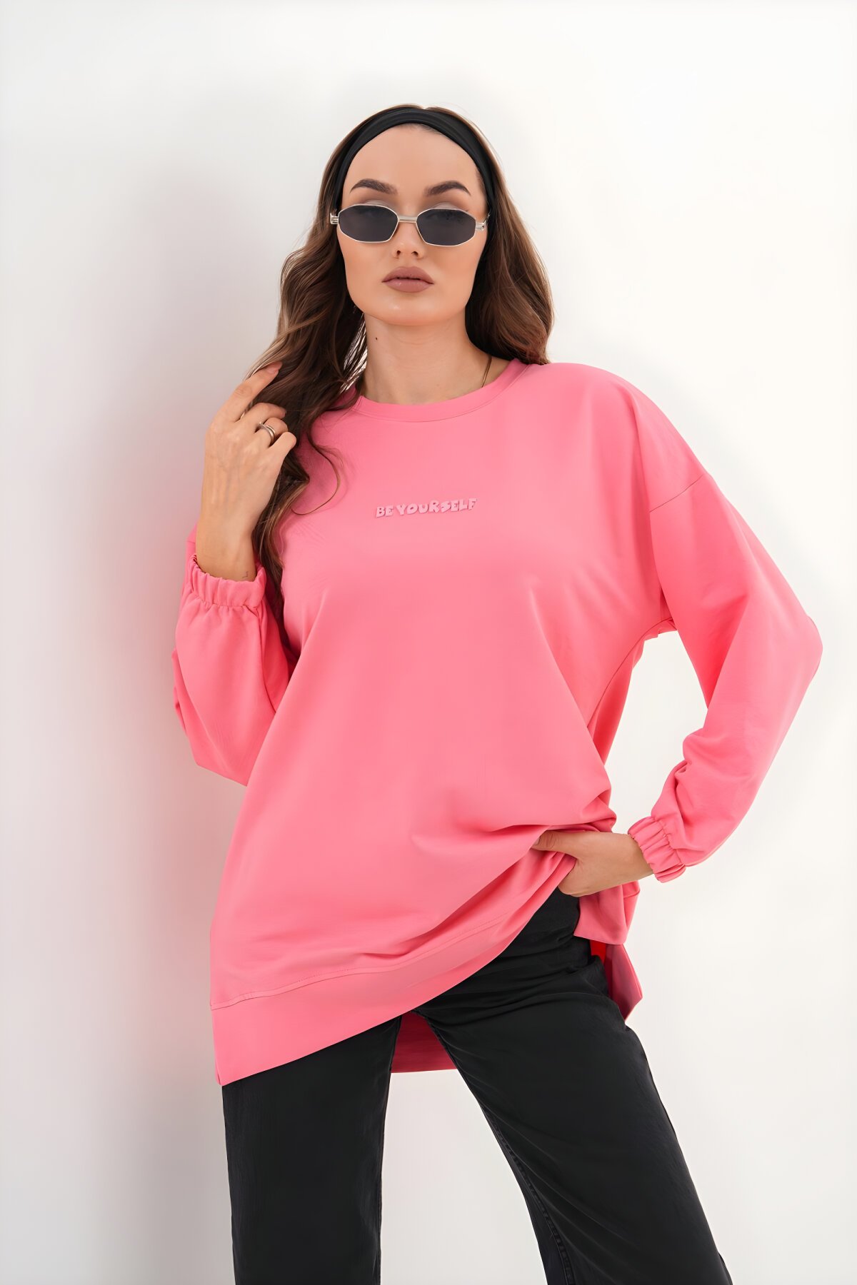 Somon Uzun Kol Bisiklet Yaka Be Yourself Baskılı Sweatshirt Tunik - Westbound