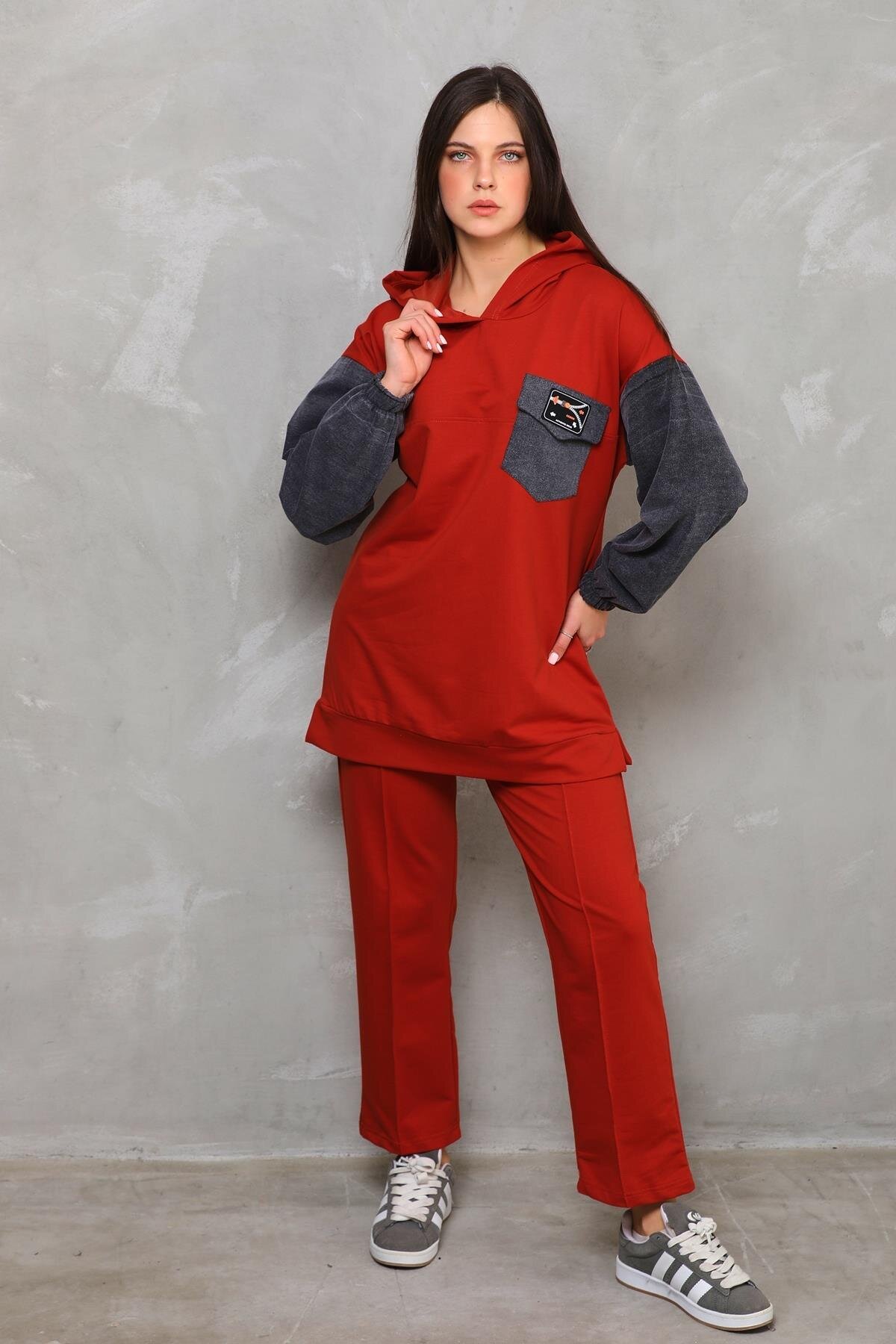 Casual Two-Piece Set, Denim Detail Sleeves - Tan - Westbound