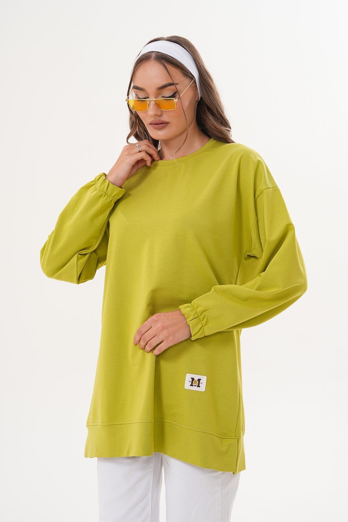 Yeşil Bisiklet Yaka Uzun Kol Basic Sweatshirt Tesettür Tunik - Westbound