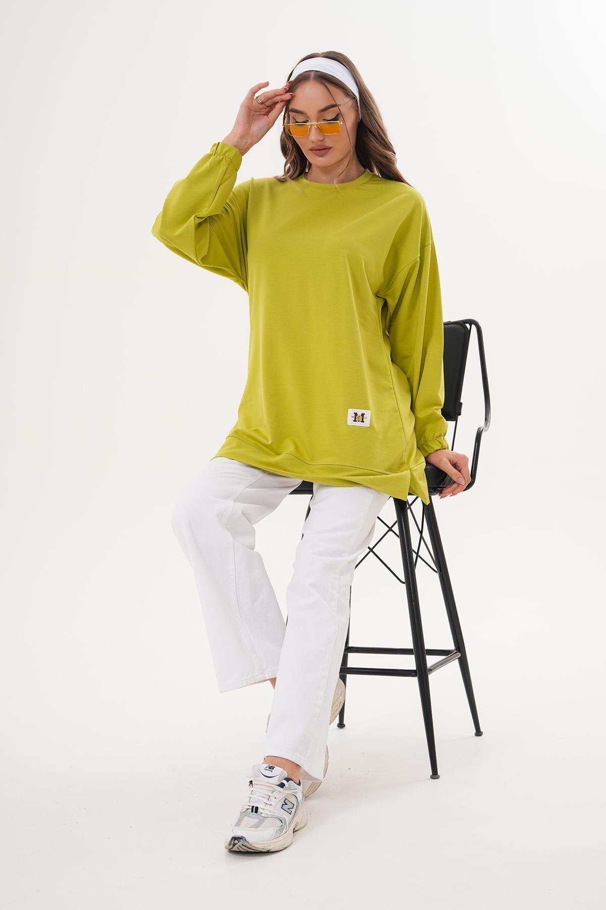 Yeşil Bisiklet Yaka Uzun Kol Basic Sweatshirt Tesettür Tunik - Westbound
