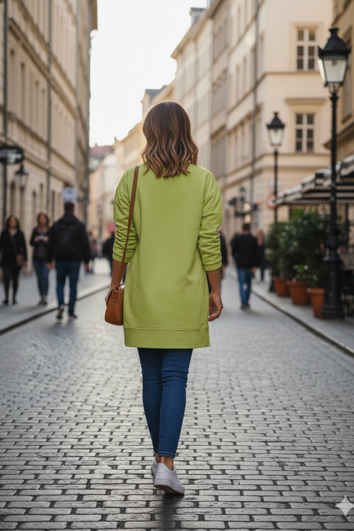 Long Embossed Print Sweatshirt Crew Neck Modest Tunic - Green - Westbound