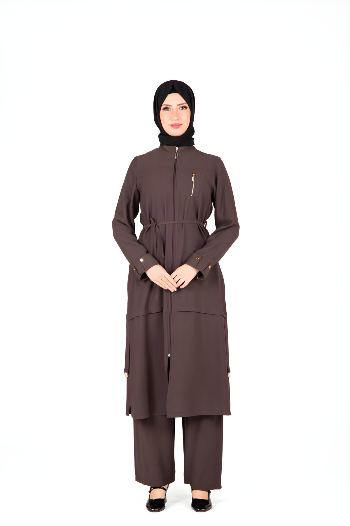 Kahverengi Alt Üst İkili Halka Aksesuar Detaylı Tesettür Takım - Beyza
