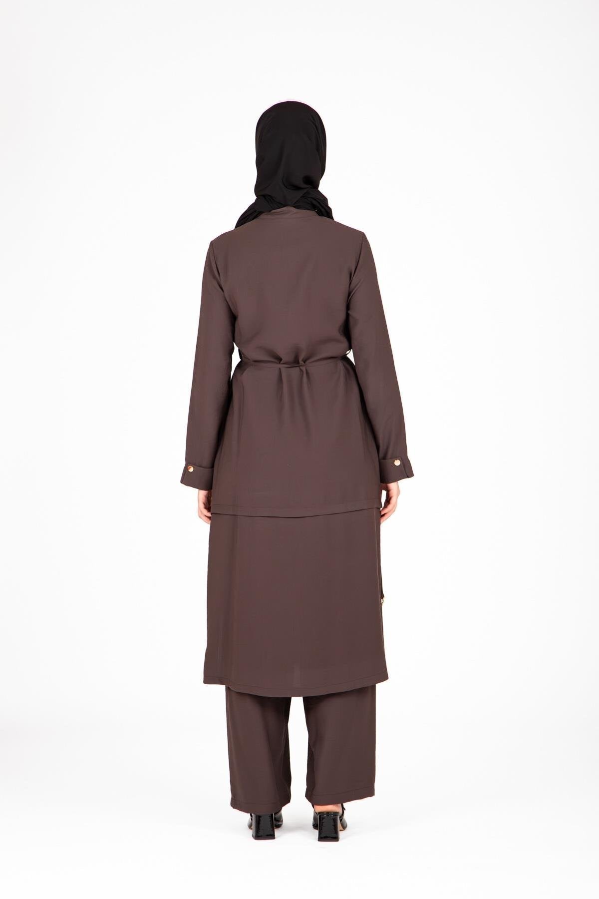 Two-Piece Ring Accessory Detailed Modest Set - Brown - Beyza