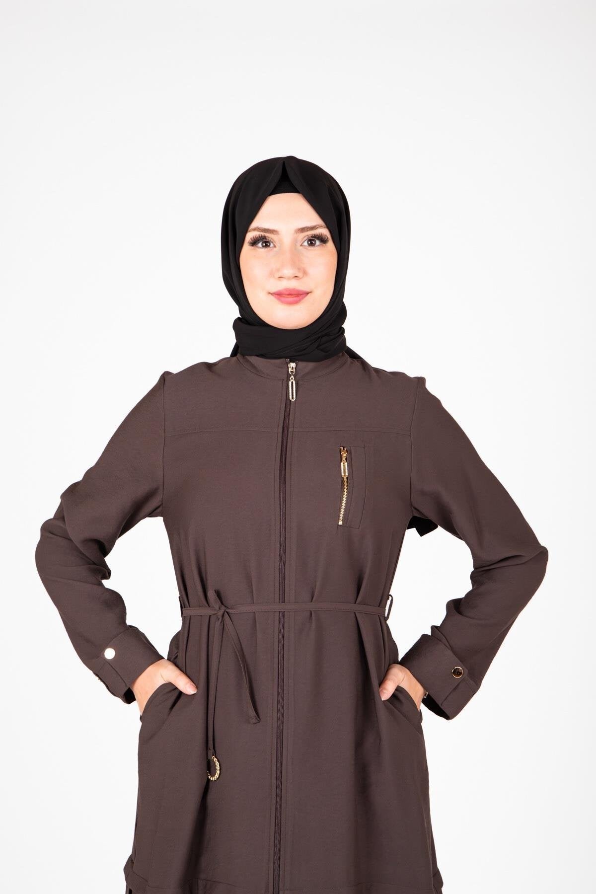 Two-Piece Ring Accessory Detailed Modest Set - Brown - Beyza