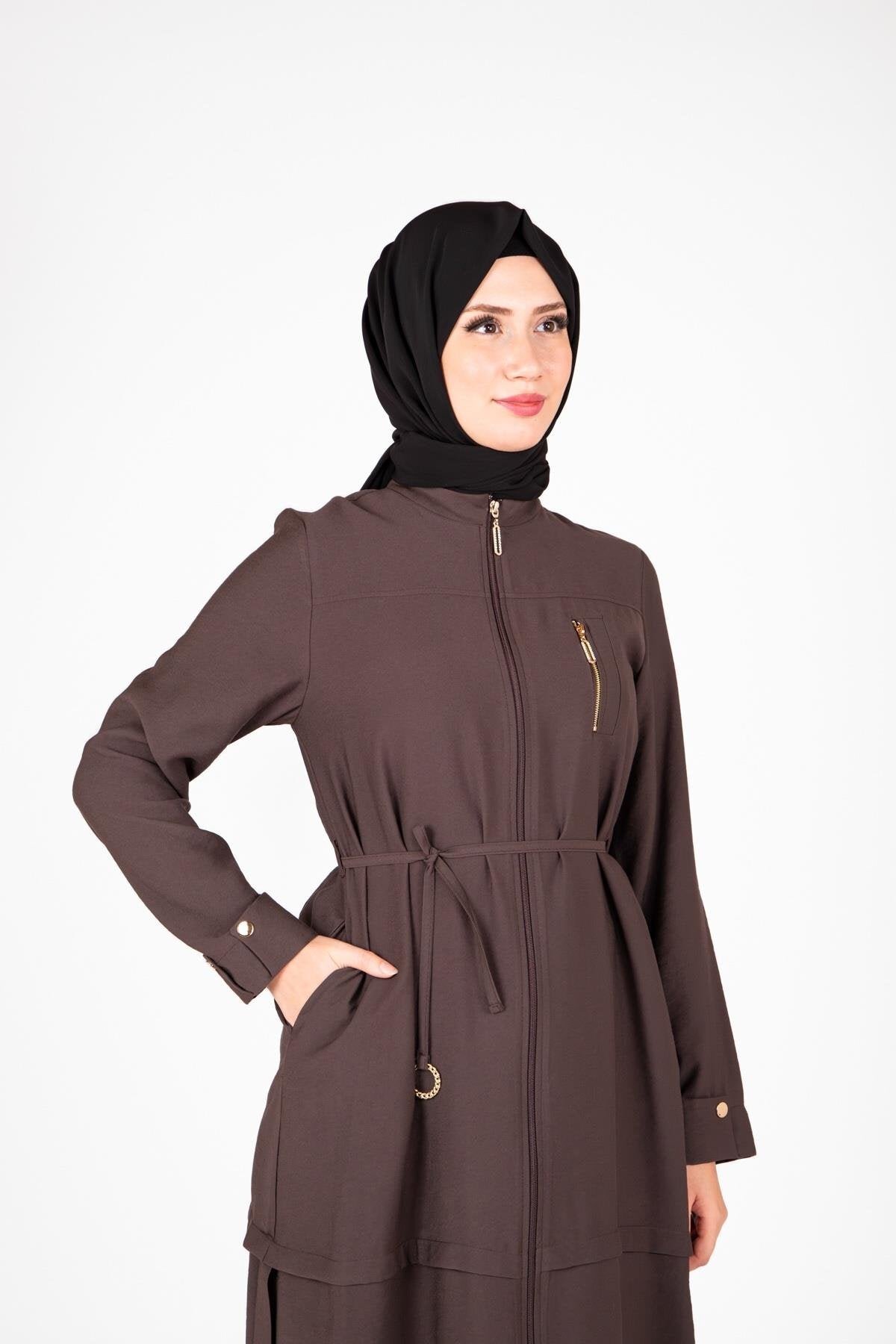Two-Piece Ring Accessory Detailed Modest Set - Brown - Beyza