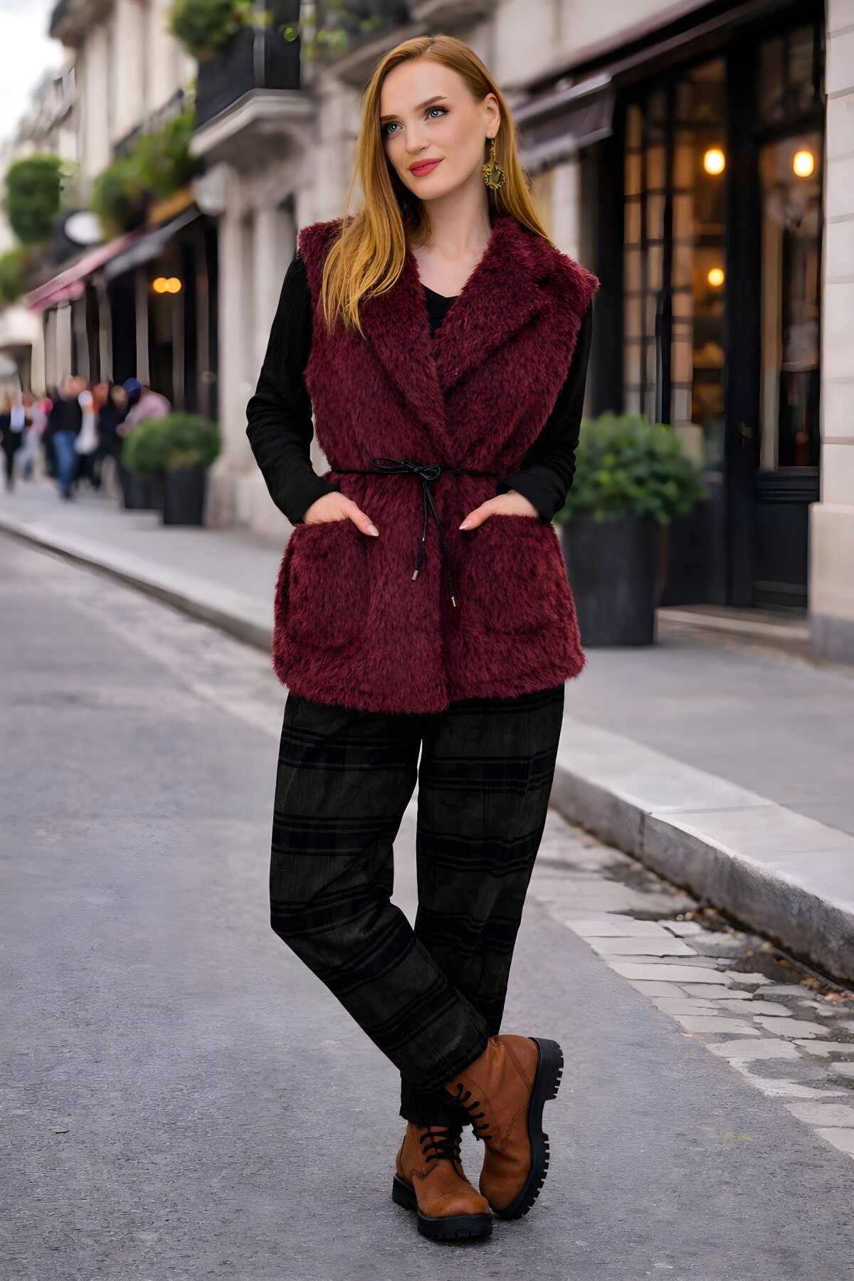 Bordo İtalyan Keçe Kemer Detaylı Yelek - EREN STYLE