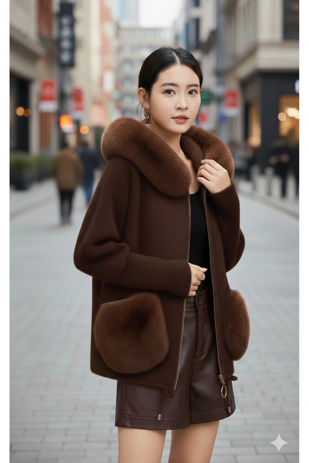 Italian Angora Faux Fur Hooded Coat - Brown - EREN STYLE