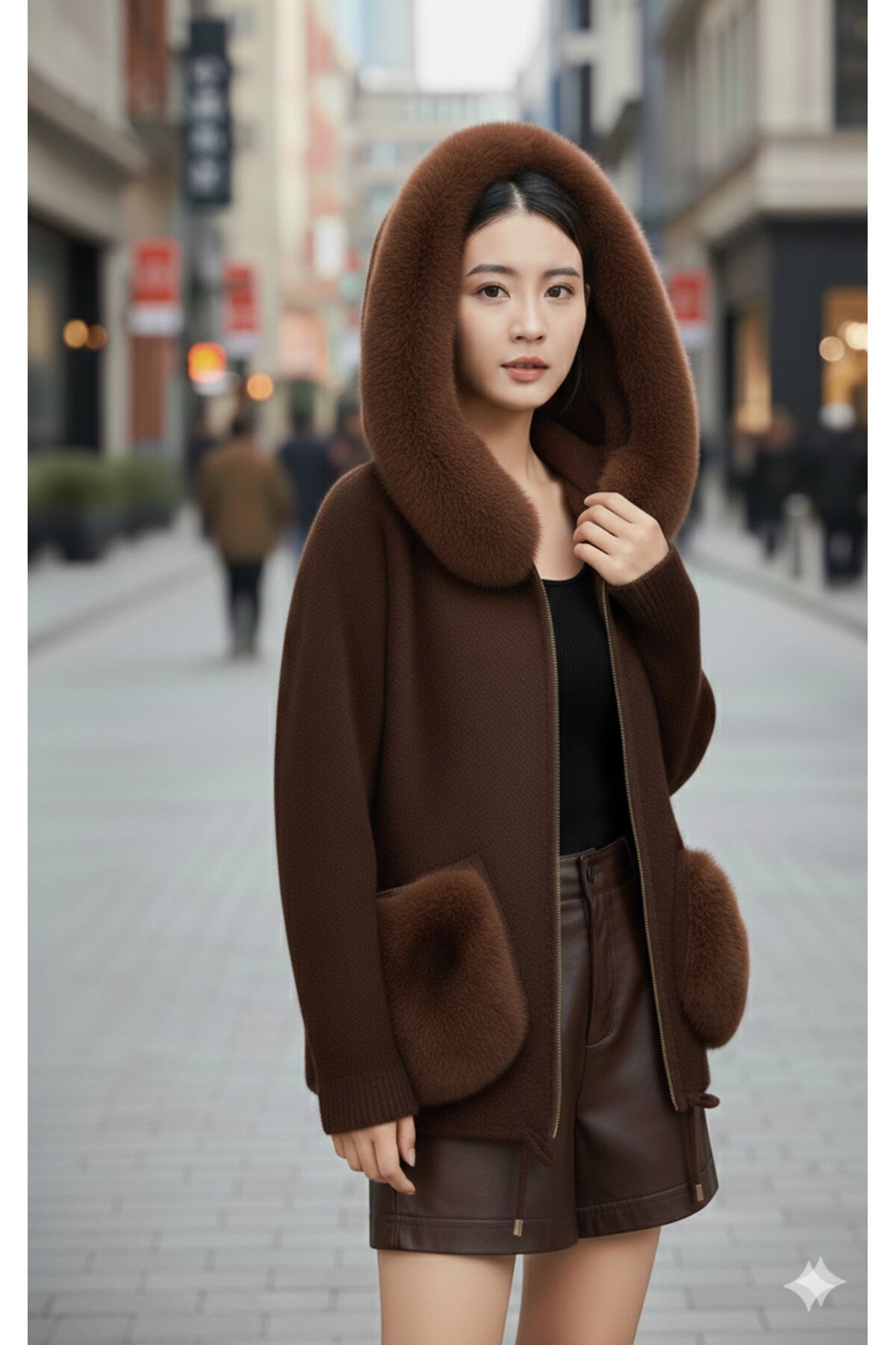 Italian Angora Faux Fur Hooded Coat - Brown - EREN STYLE