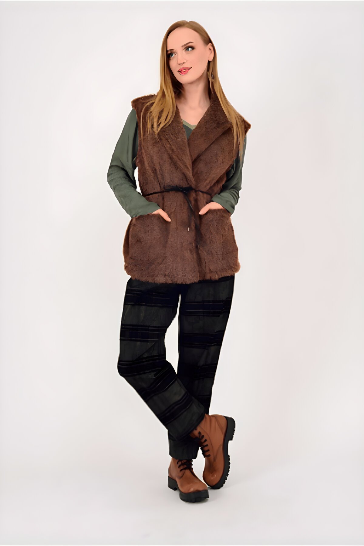 Kahverengi İtalyan Kemer Detaylı Keçe Yelek - EREN STYLE