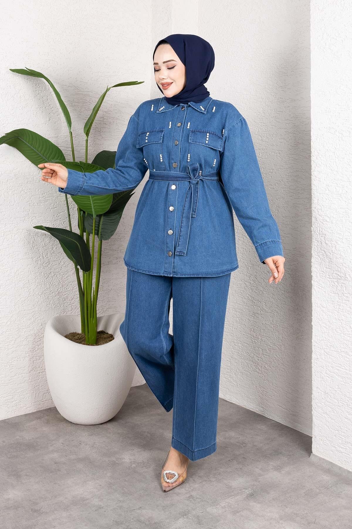 Açık Mavi Denim İkili Taş Detaylı Kuşaklı Tesettür Takım - Misskayle