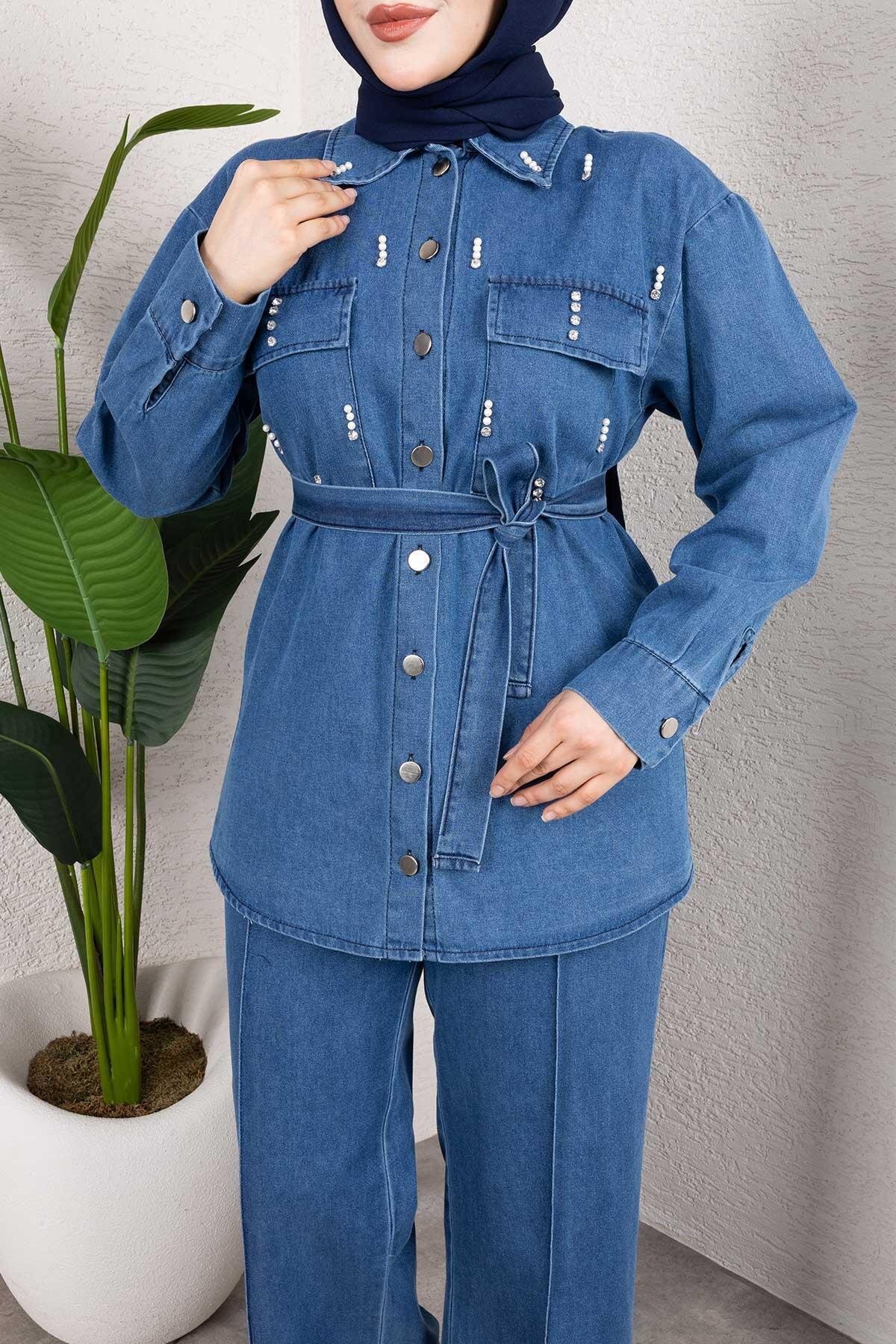 Açık Mavi Denim İkili Taş Detaylı Kuşaklı Tesettür Takım - Misskayle