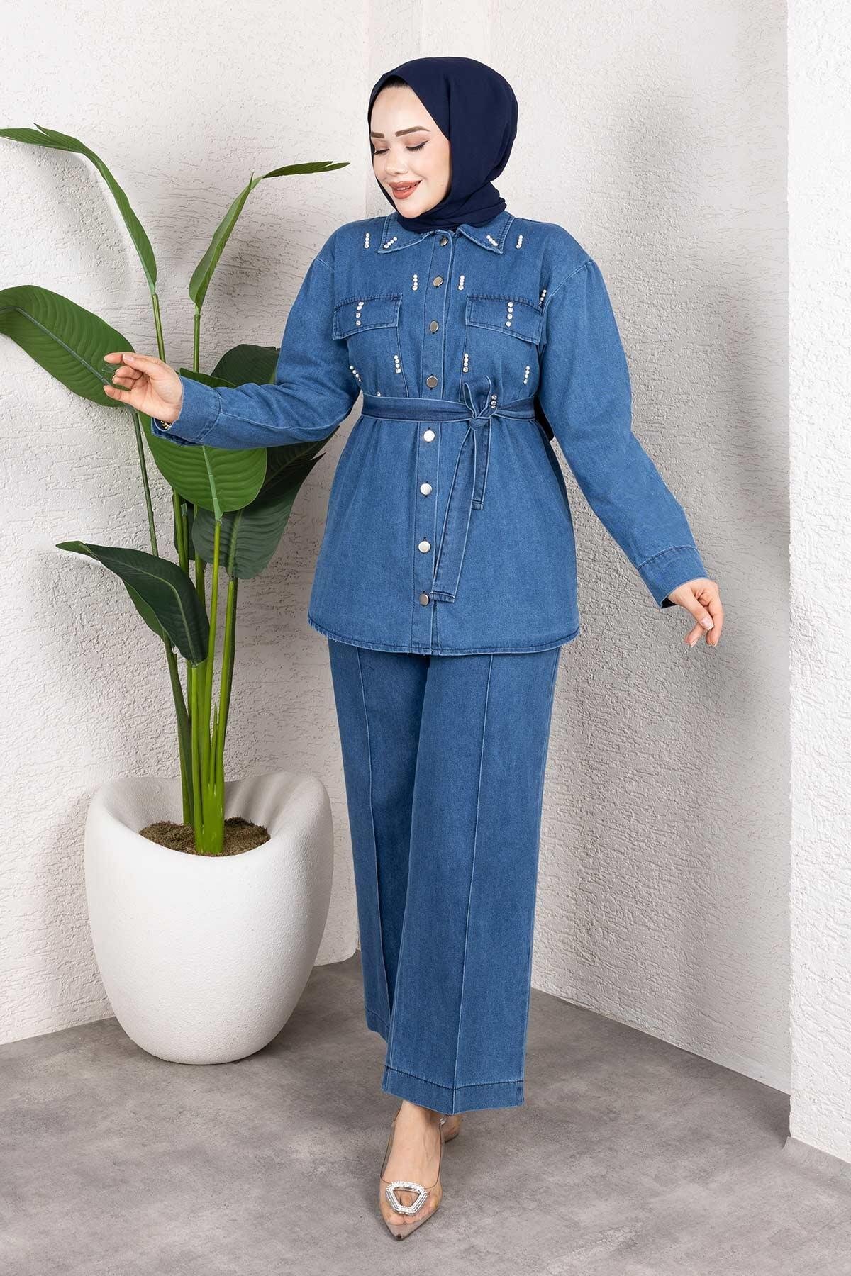 Açık Mavi Denim İkili Taş Detaylı Kuşaklı Tesettür Takım - Misskayle