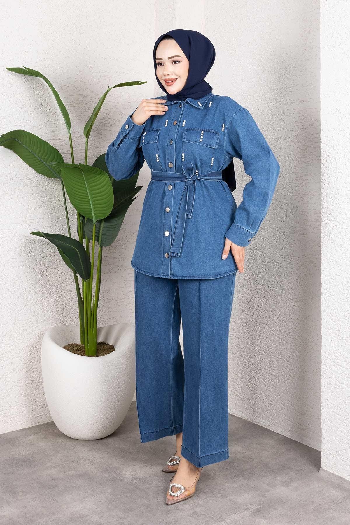 Açık Mavi Denim İkili Taş Detaylı Kuşaklı Tesettür Takım - Misskayle