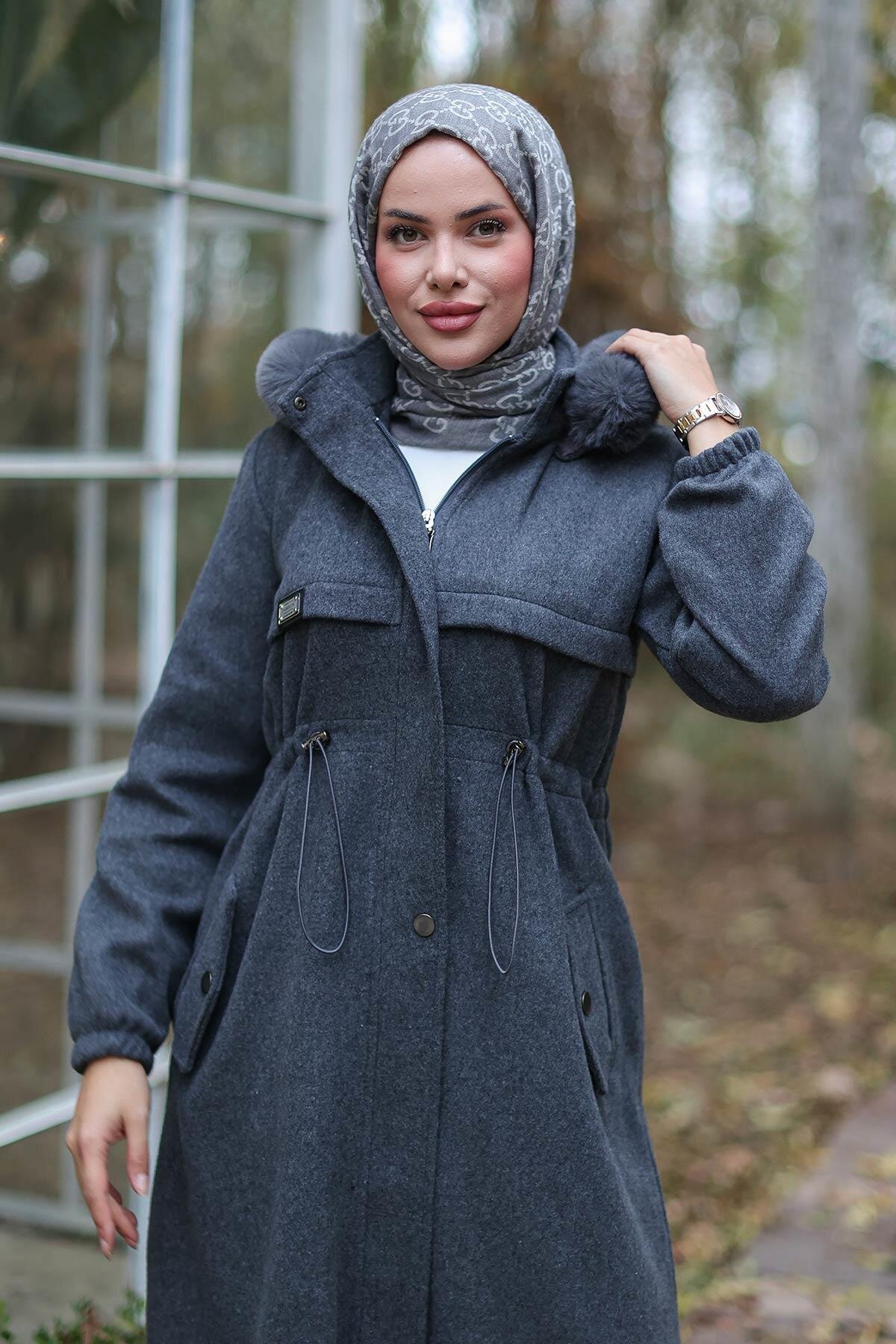 Antrasit Kaşe Tünel Detaylı Kaban - Misskayle