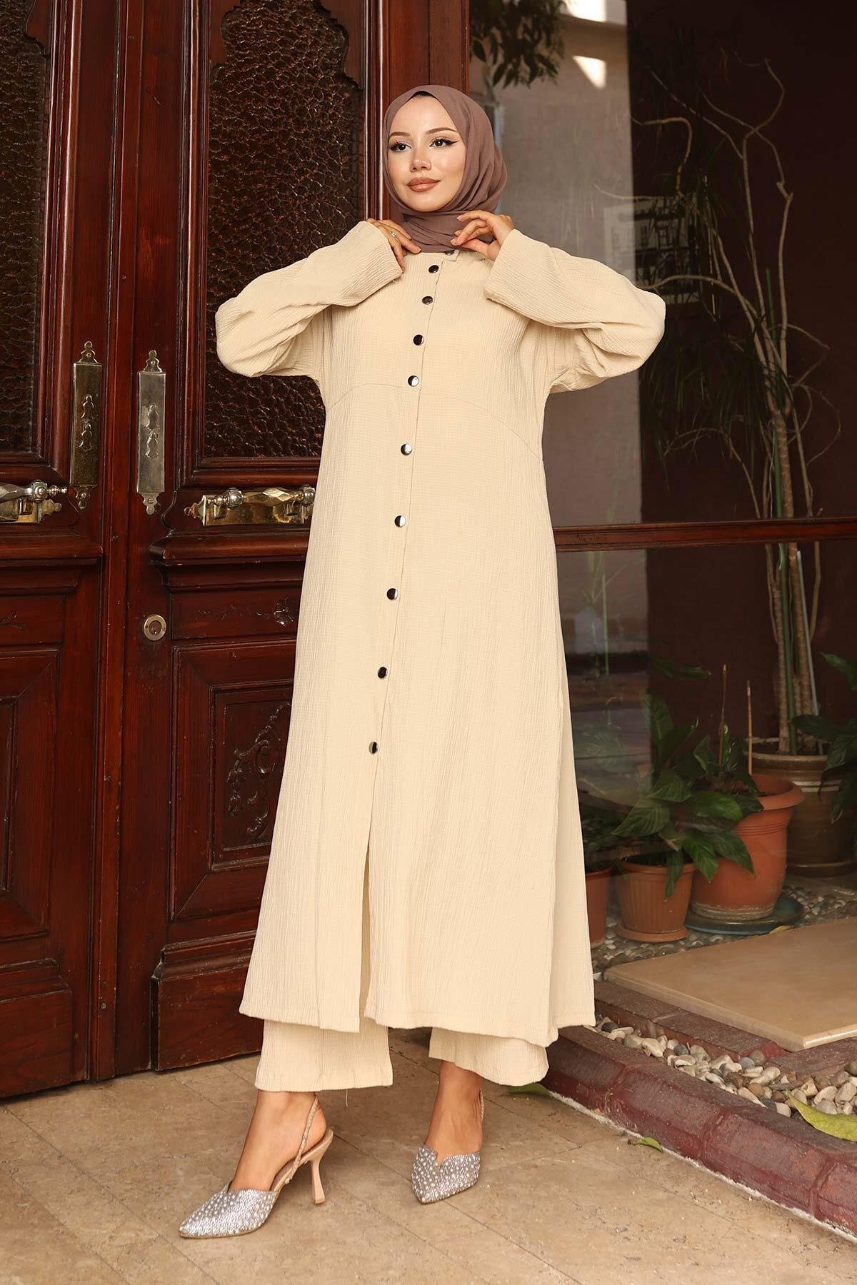 Long Double Collar Detail Set - Beige - Misskayle