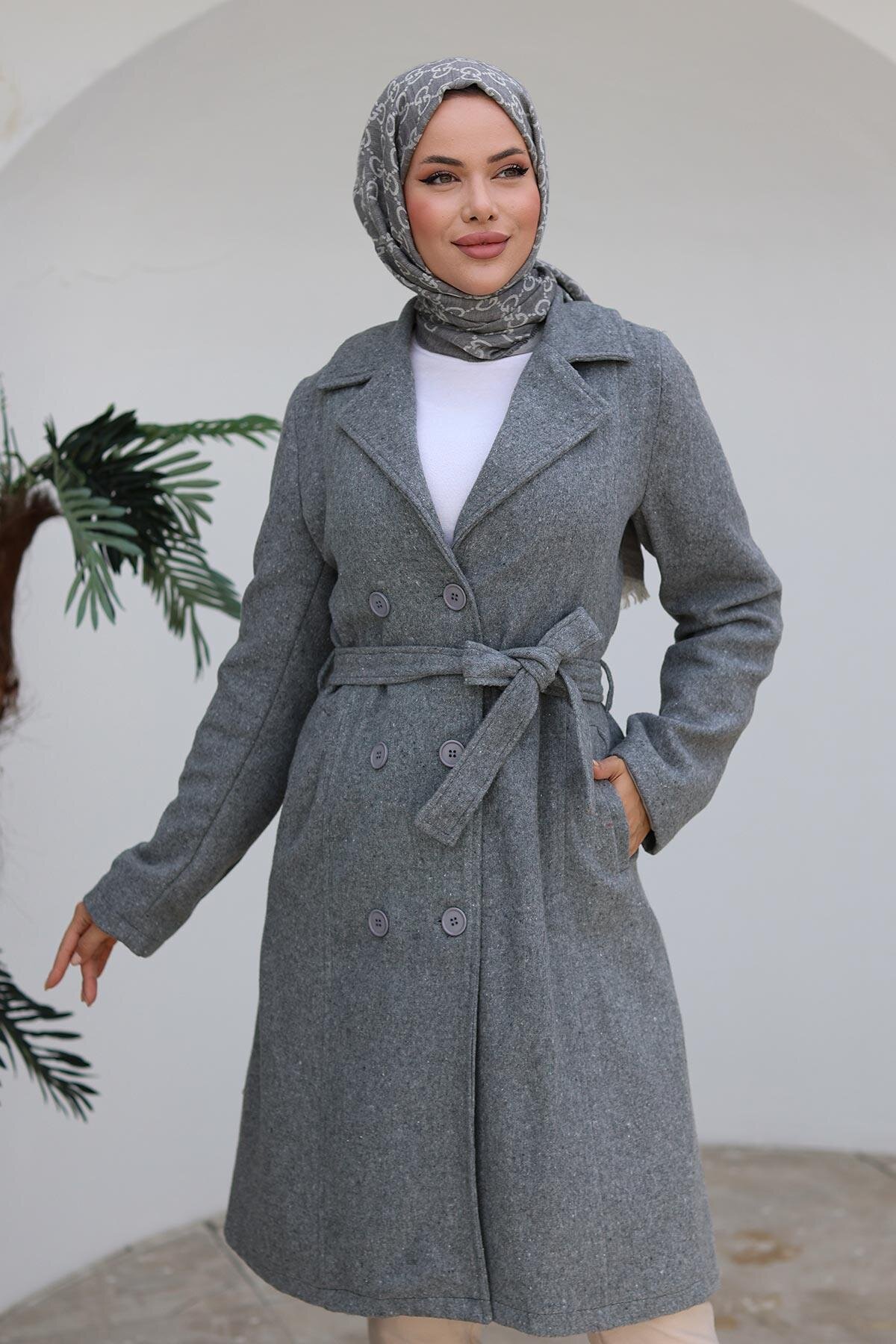 Gri Kaşe Düğme Detaylı Kaban - Misskayle