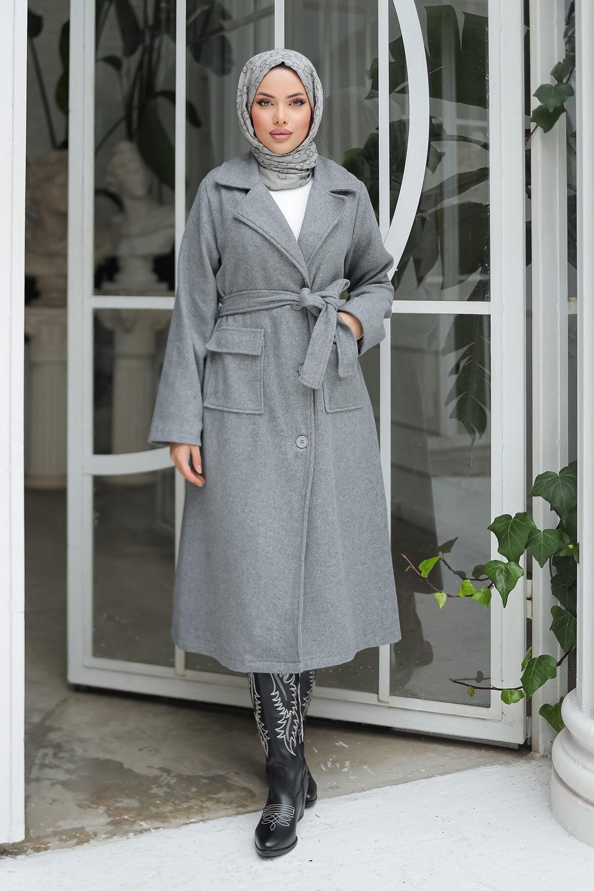 Gri Kaşe Kapak Detaylı Kaban - Misskayle
