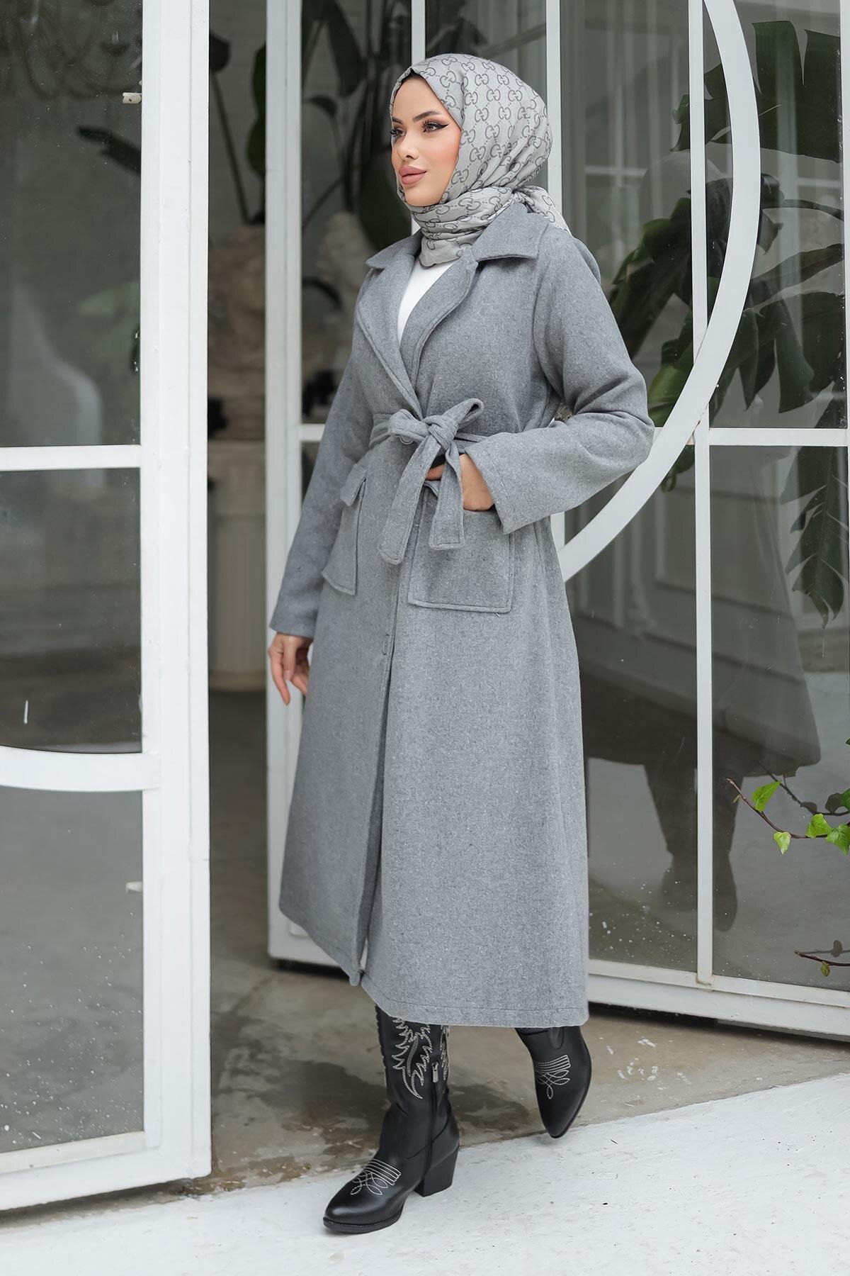 Gri Kaşe Kapak Detaylı Kaban - Misskayle