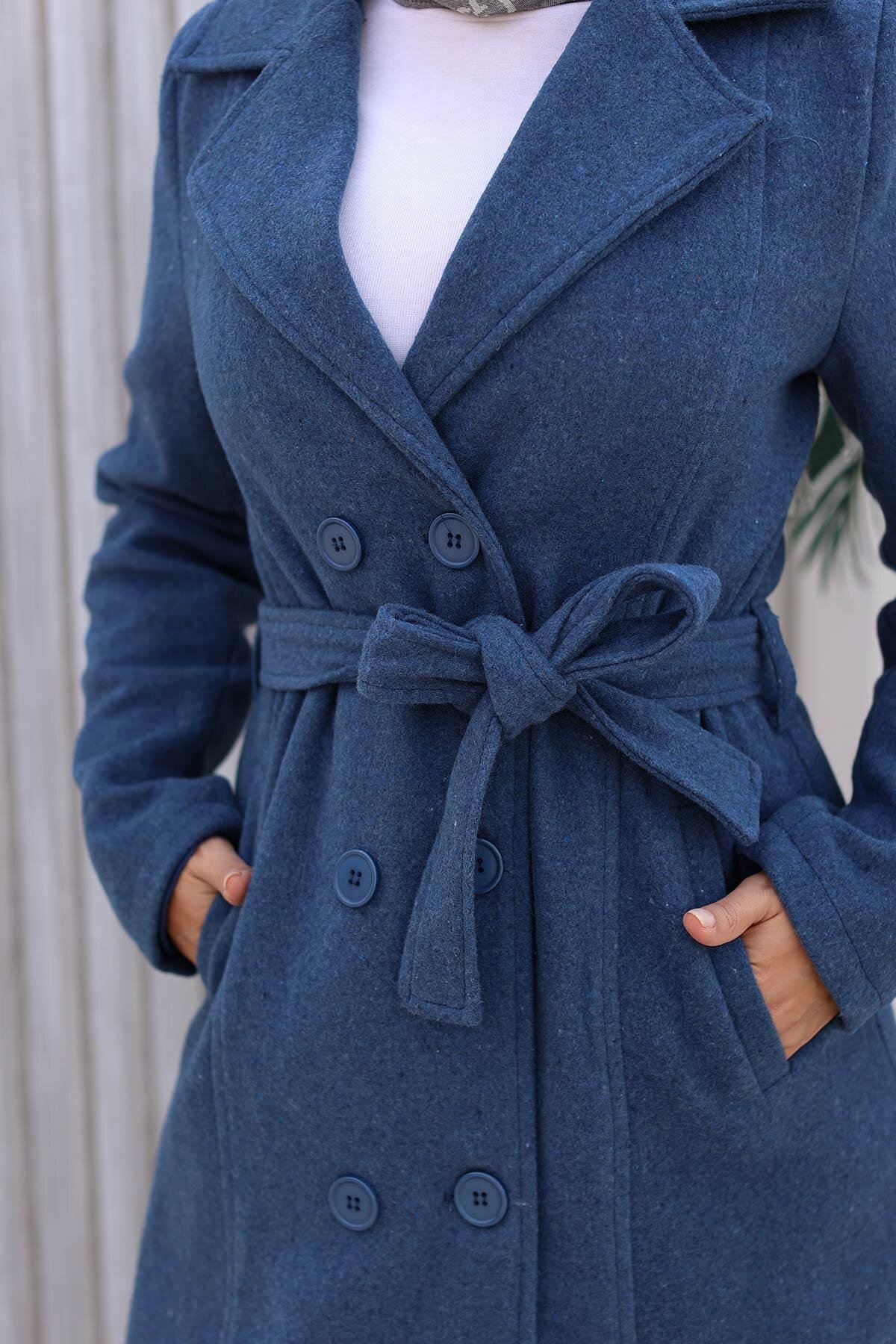 Felted Button Detail Overcoat - Indigo - Misskayle