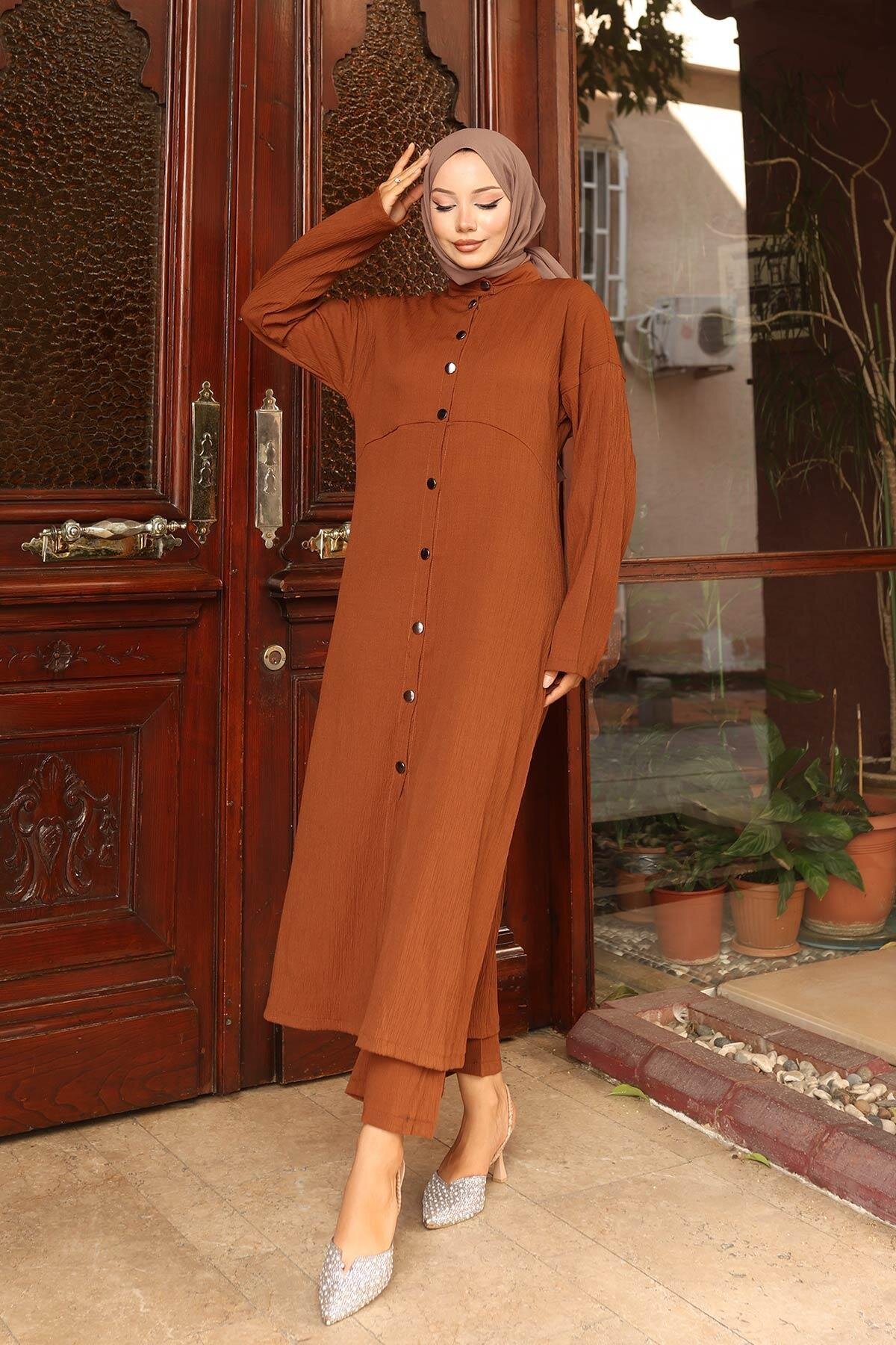 Long Double Collar Detail Modest Set - Brown - Misskayle