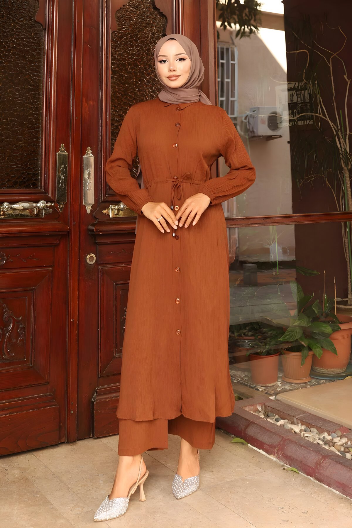 Long Slit Detail Two-Piece Set - Brown - Misskayle