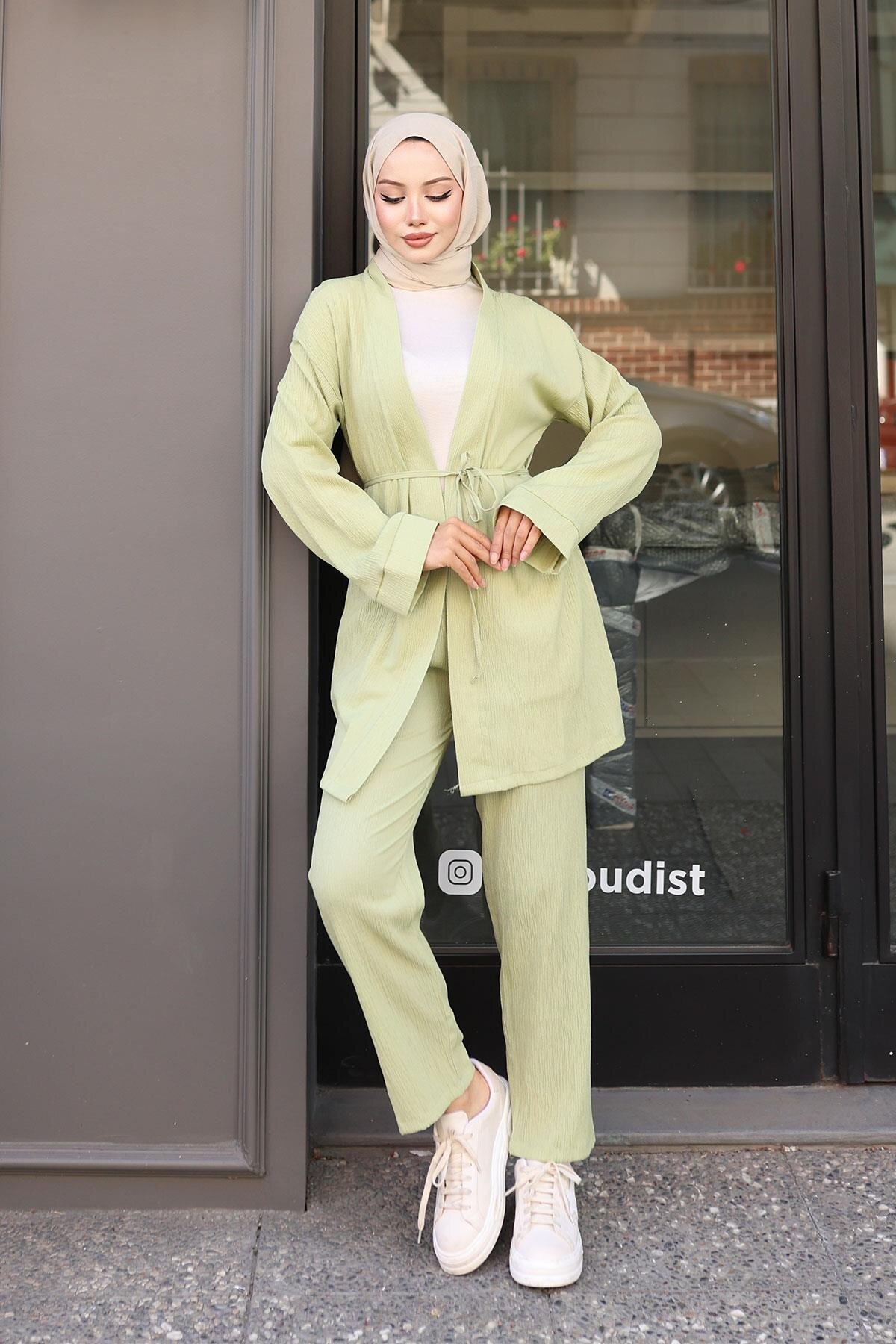 Mint Yeşili Kimono İkili Cep Detaylı Tesettür Takım - Misskayle