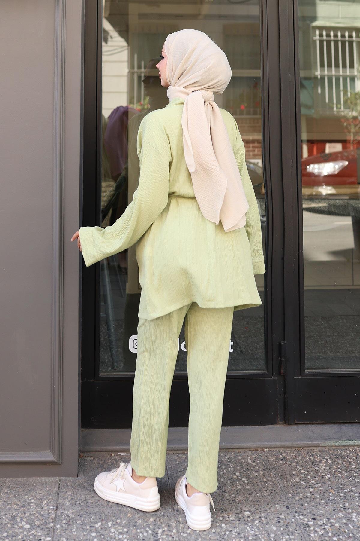 Mint Yeşili Kimono İkili Cep Detaylı Tesettür Takım - Misskayle