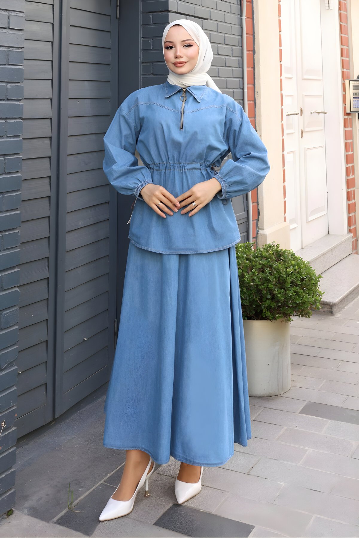Açık Mavi Etekli Kot İkili Beli Bağcık Detaylı Tesettür Takım - Modamihram