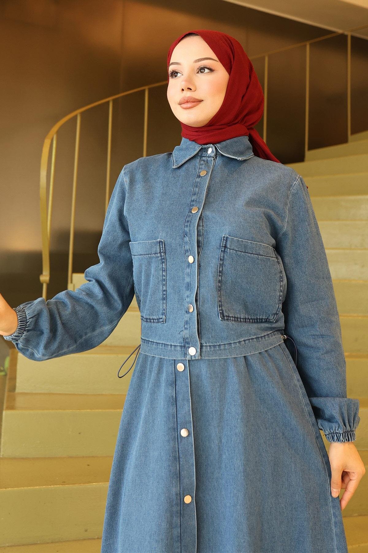 Two-Piece Modest Denim Set with Full Buttons - Light Blue - Modamihram