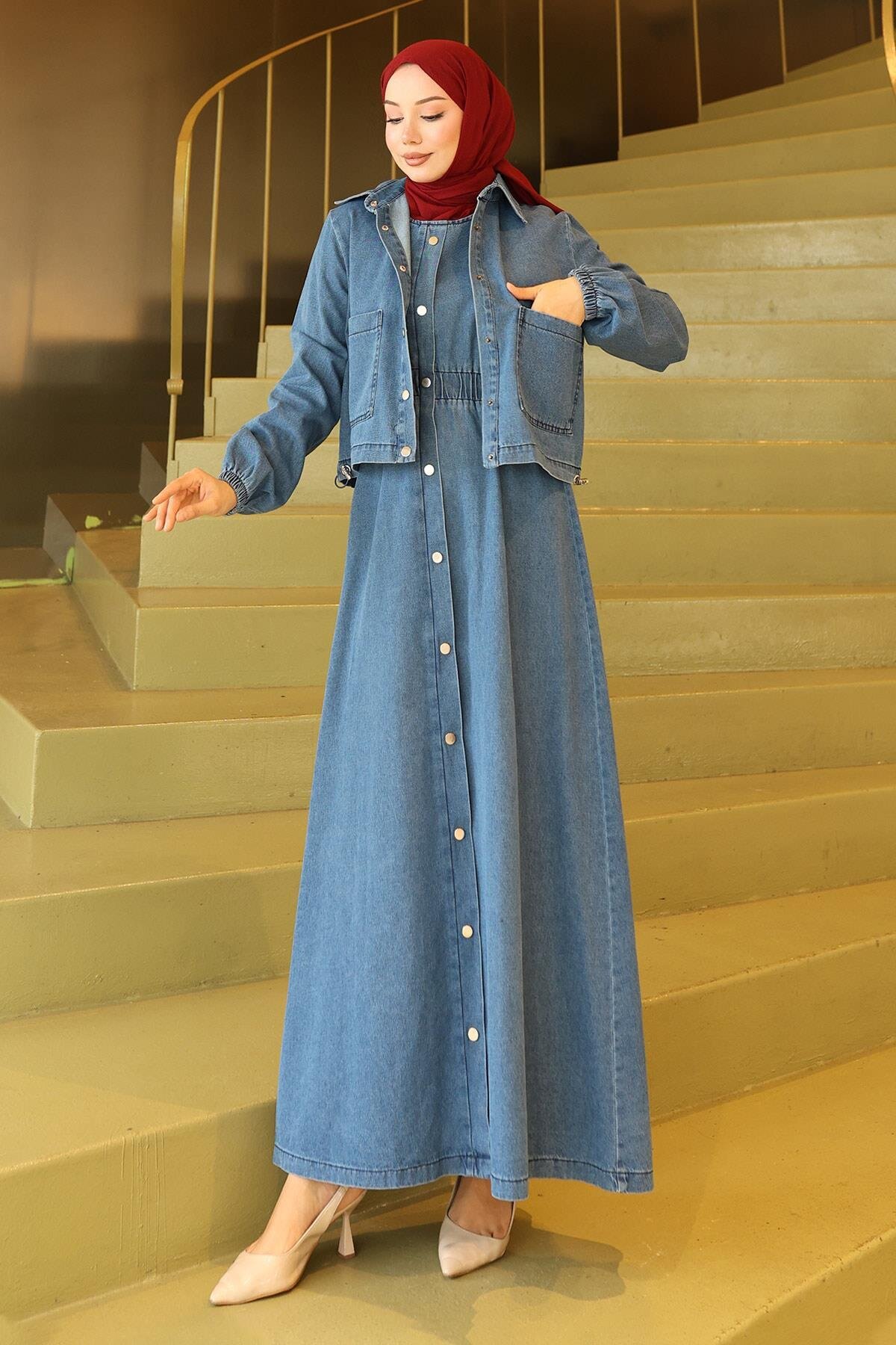 Two-Piece Modest Denim Set with Full Buttons - Light Blue - Modamihram
