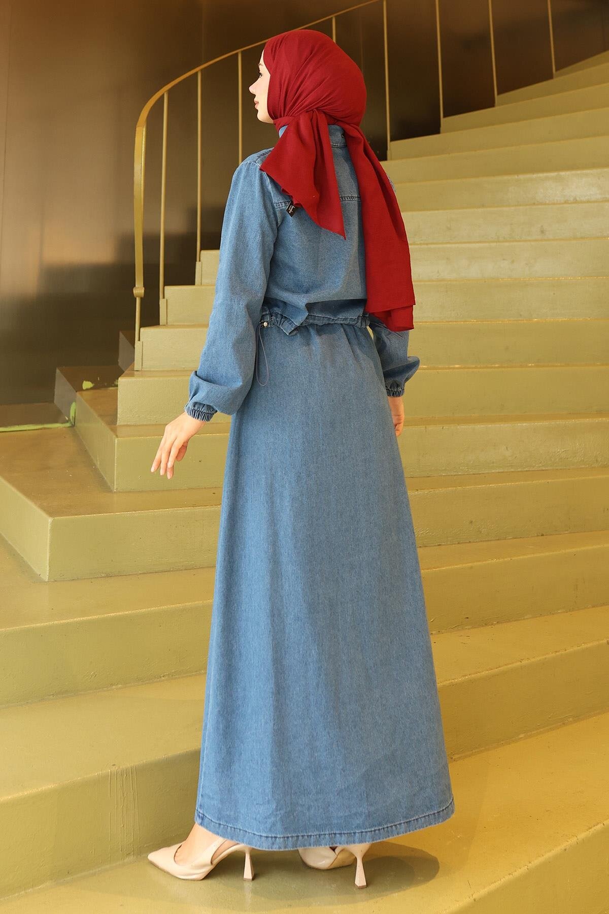 Two-Piece Modest Denim Set with Full Buttons - Light Blue - Modamihram