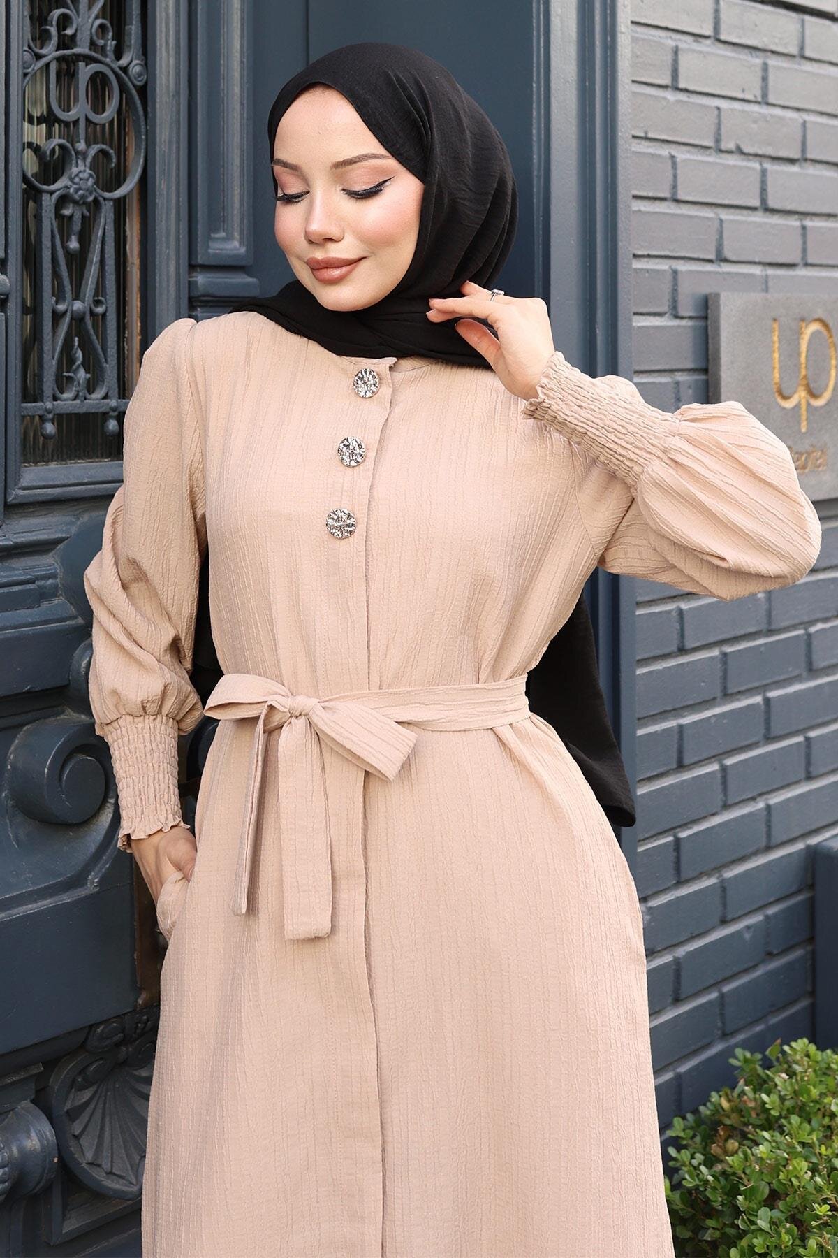 Two-Piece Belted Double Button-Detailed Modest Set - Beige - Modamihram