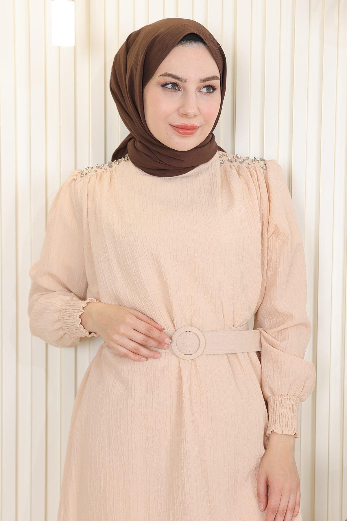 Two-Piece Belted Stone-Detail Modest Set - Beige - Modamihram