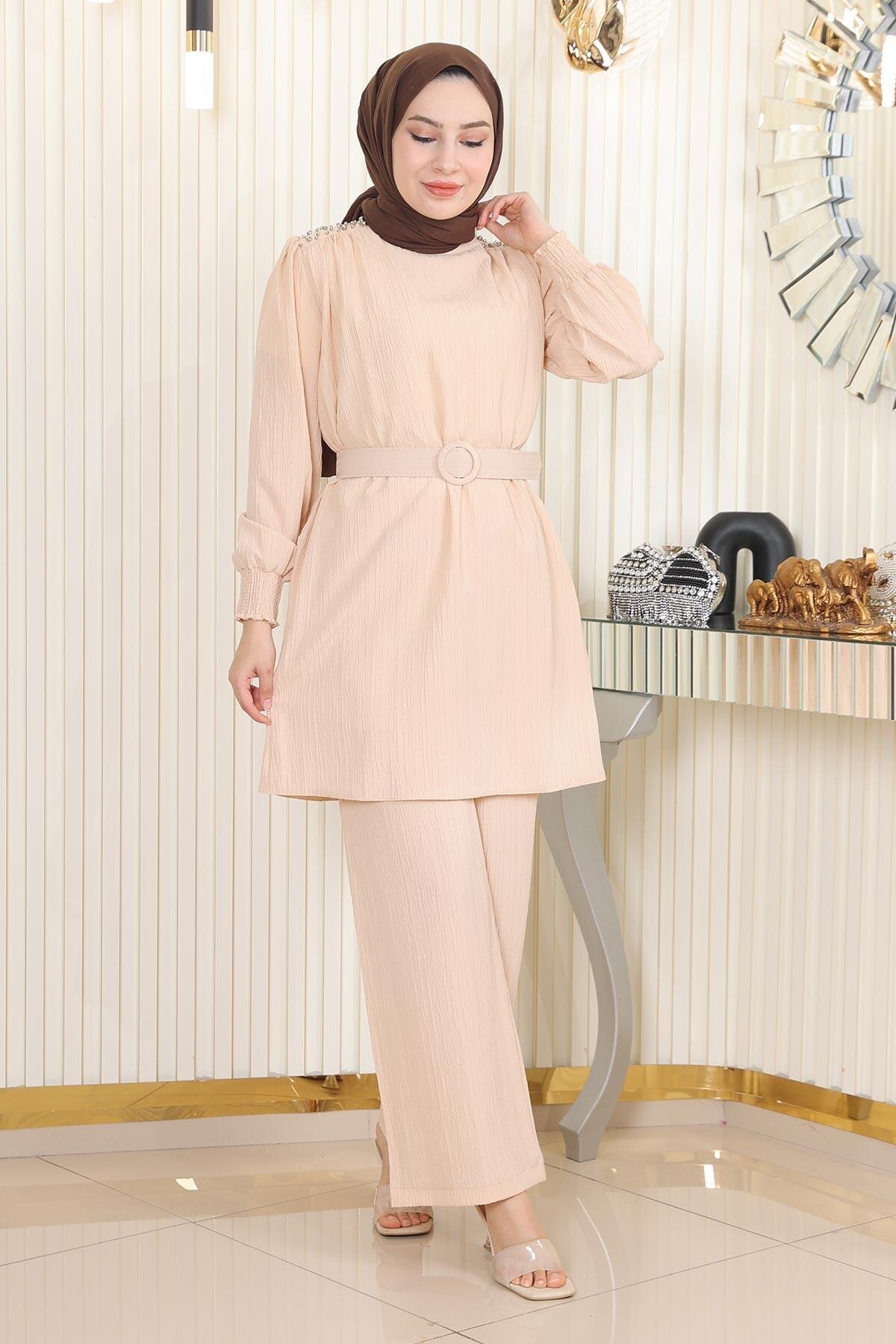 Two-Piece Belted Stone-Detail Modest Set - Beige - Modamihram