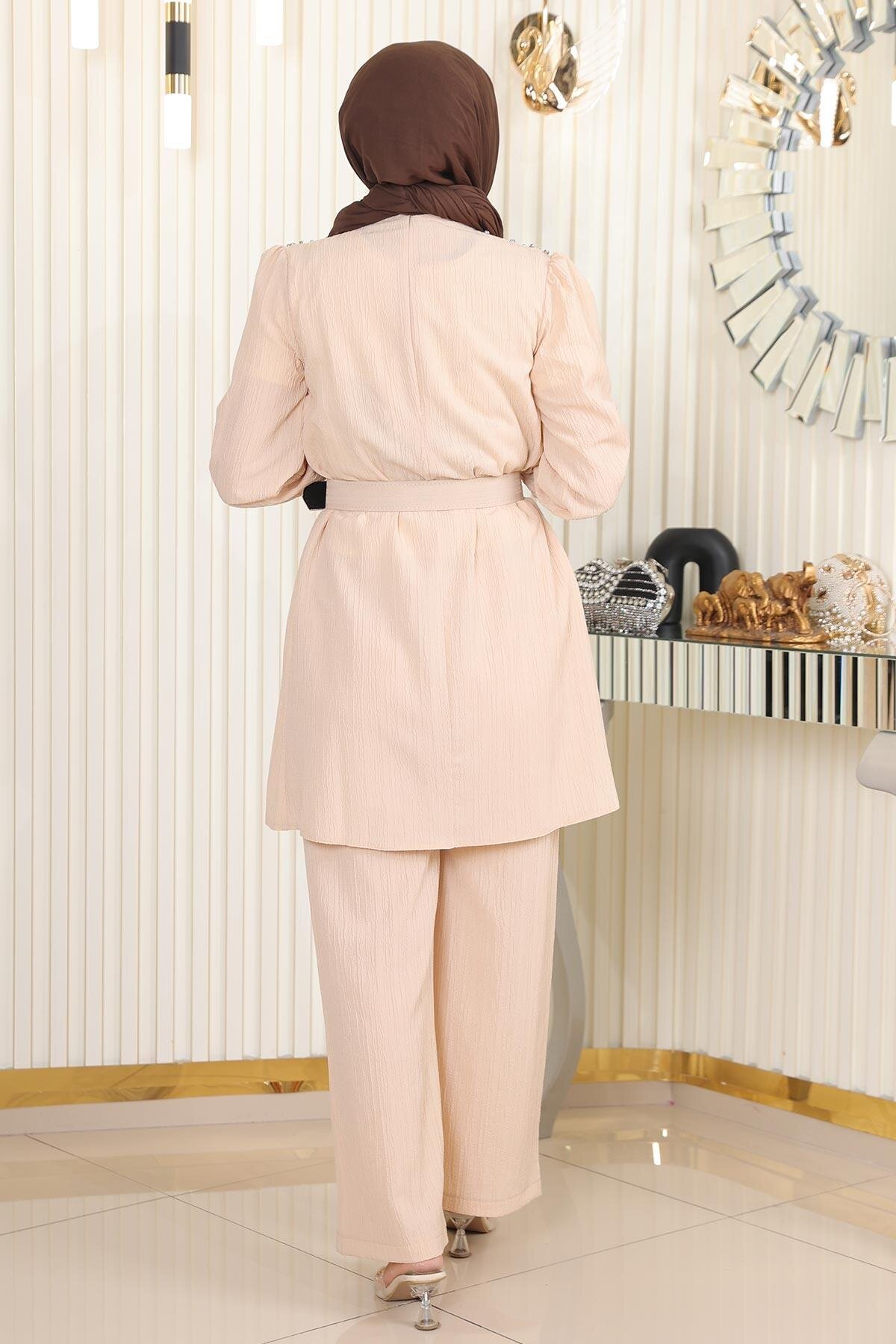 Two-Piece Belted Stone-Detail Modest Set - Beige - Modamihram