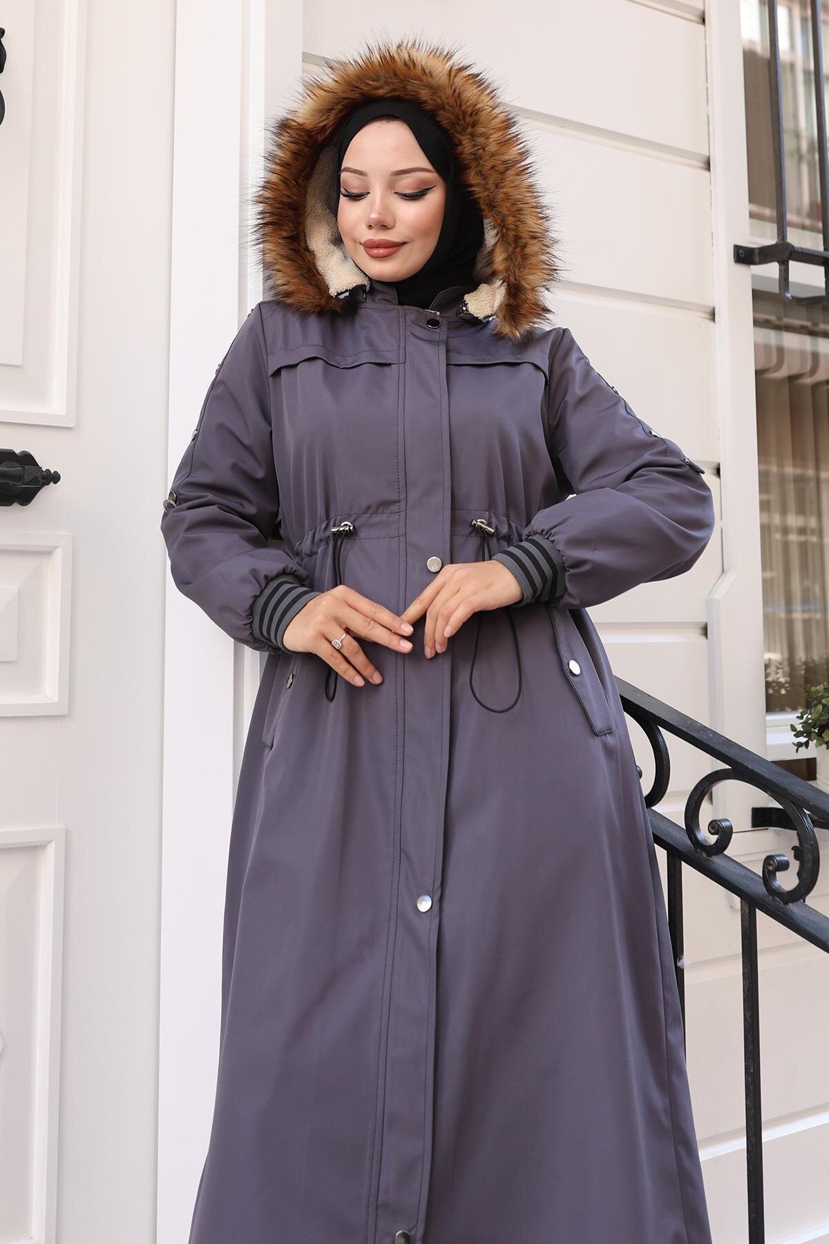 Drawstring Waist Faux Fur Collar Coat - Gray - Modamihram