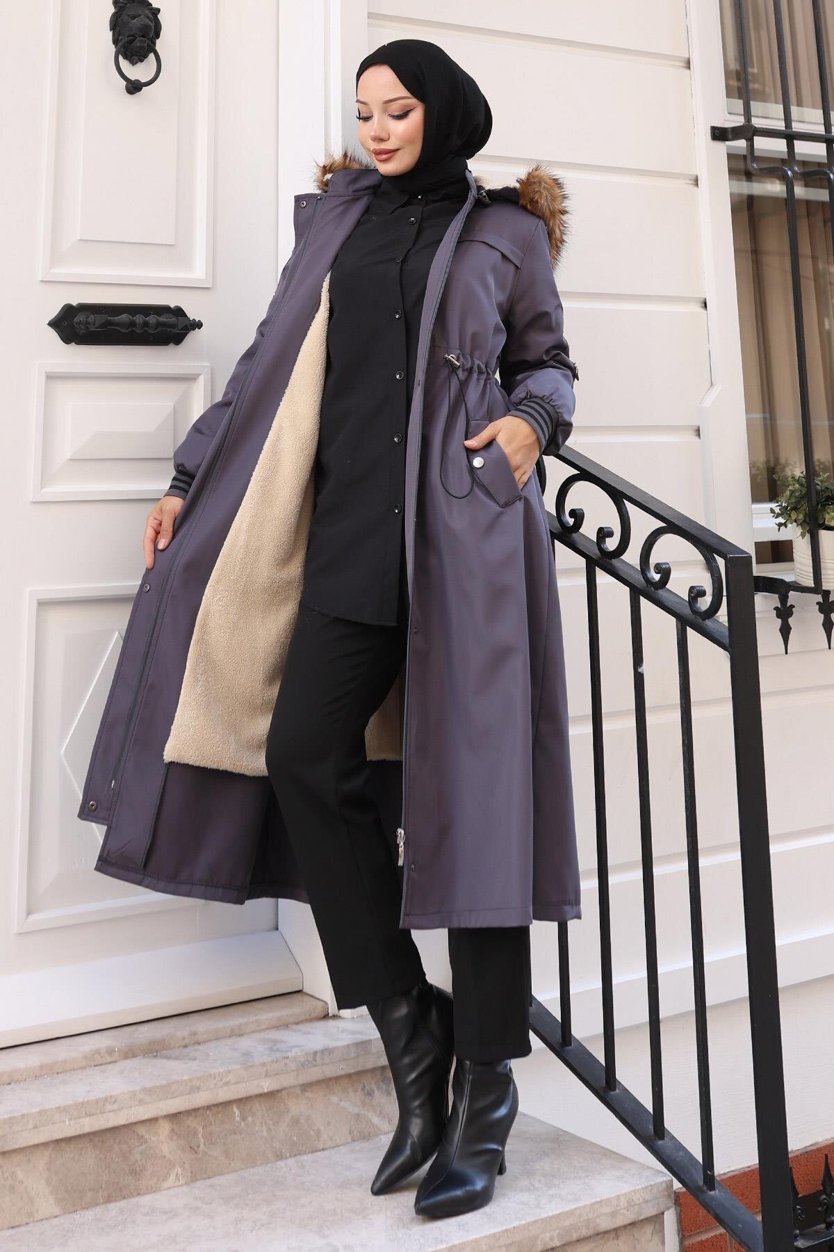 Drawstring Waist Faux Fur Collar Coat - Gray - Modamihram