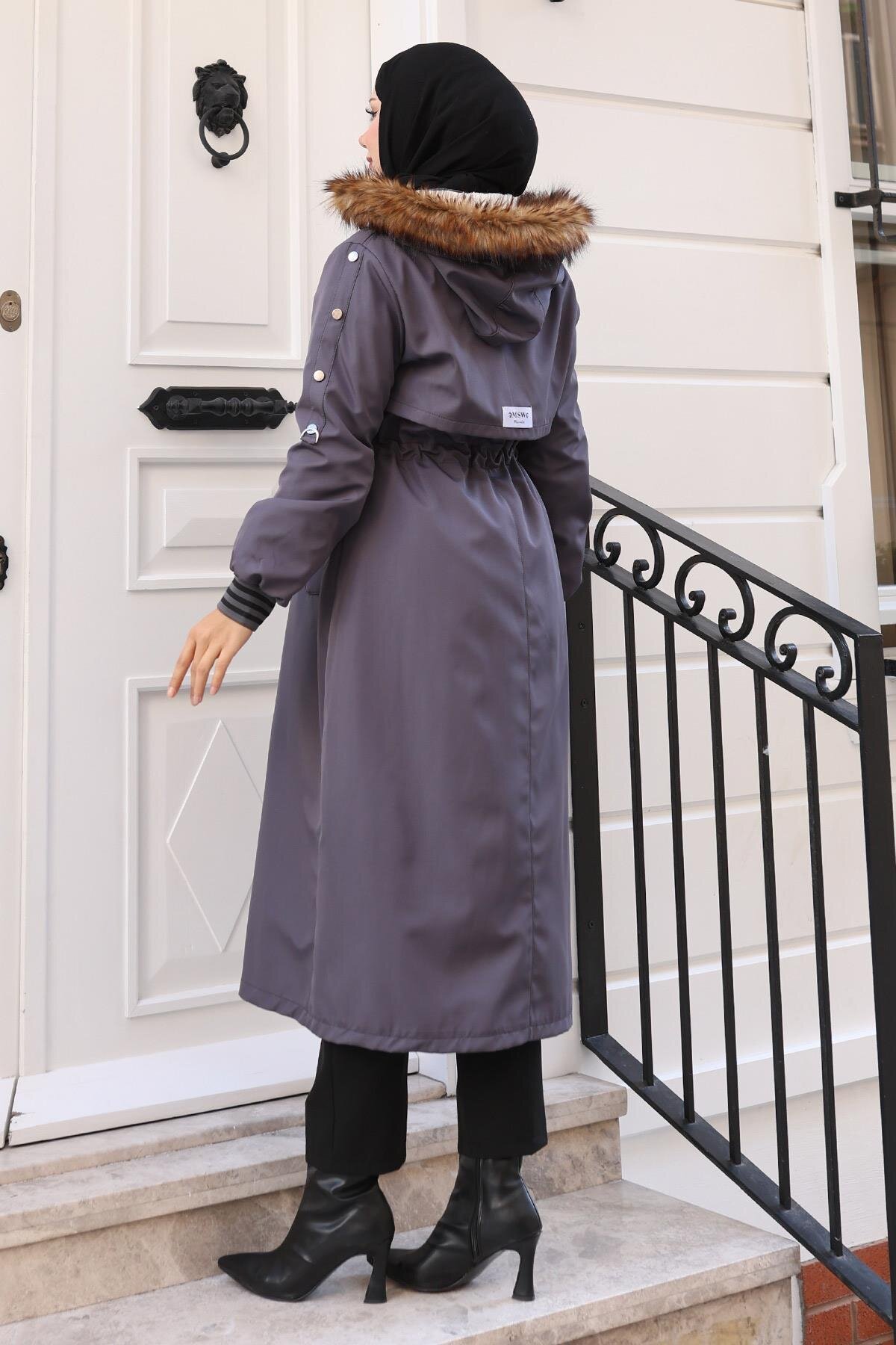 Drawstring Waist Faux Fur Collar Coat - Gray - Modamihram