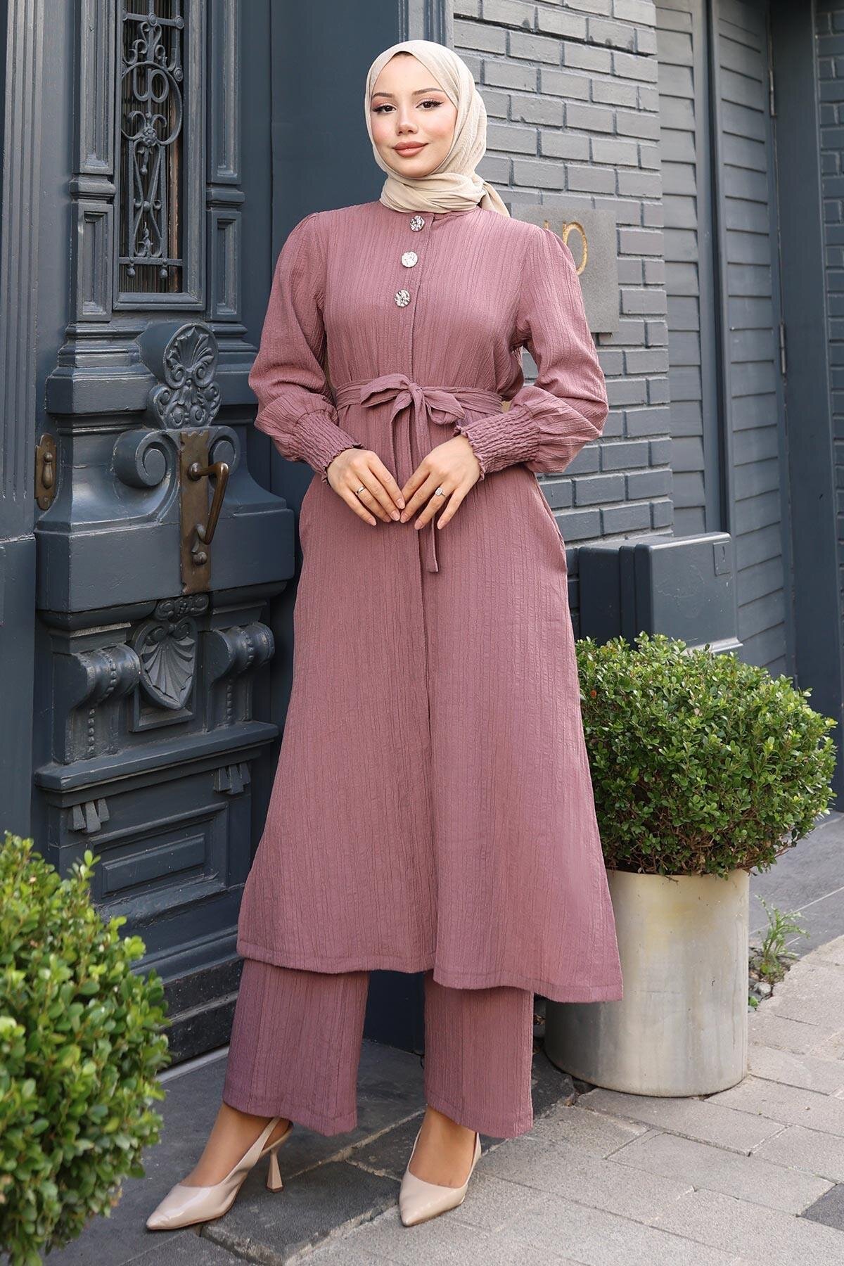 Modest Two-Piece Button-Detailed Belted Set - Dusty Rose - Modamihram