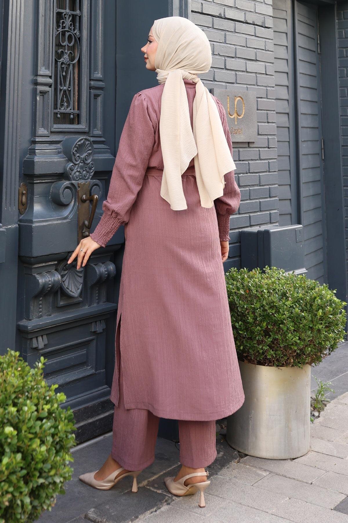 Modest Two-Piece Button-Detailed Belted Set - Dusty Rose - Modamihram